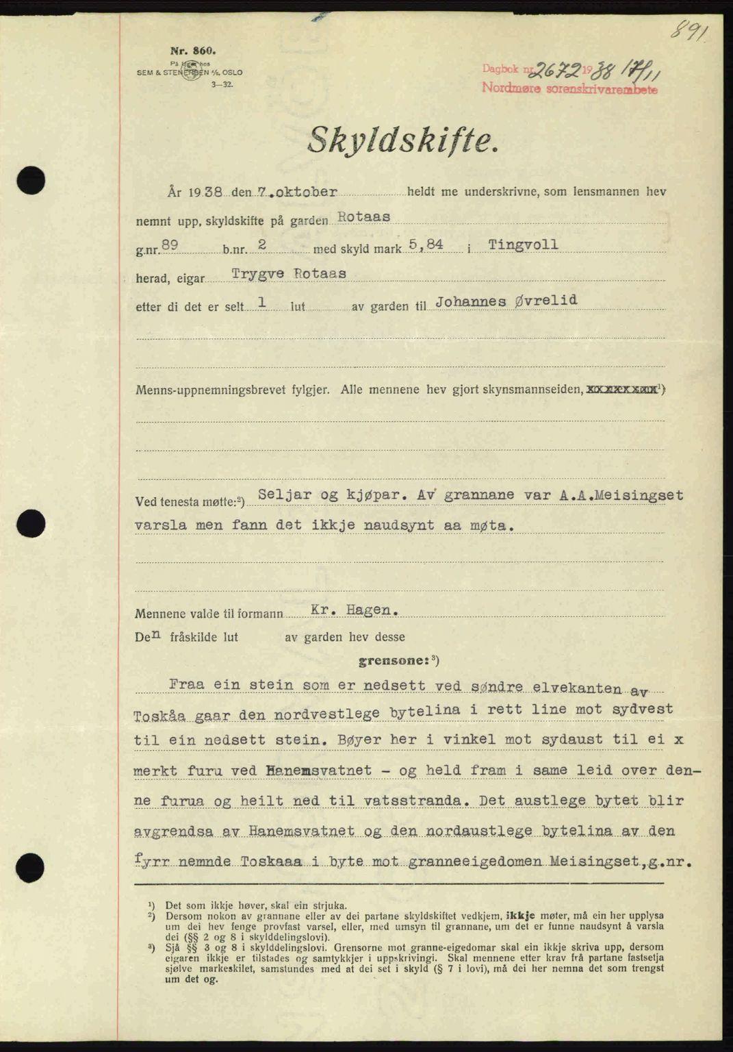 Nordmøre sorenskriveri, SAT/A-4132/1/2/2Ca: Pantebok nr. A84, 1938-1938, Dagboknr: 2672/1938