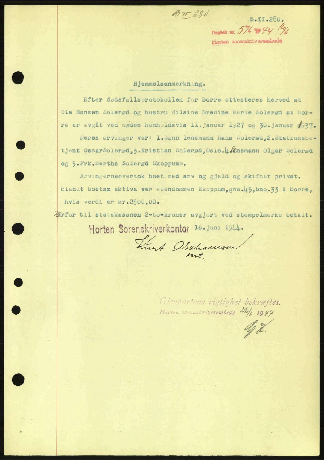 Horten sorenskriveri, SAKO/A-133/G/Ga/Gaa/L0006: Pantebok nr. A-6, 1943-1945, Dagboknr: 576/1944