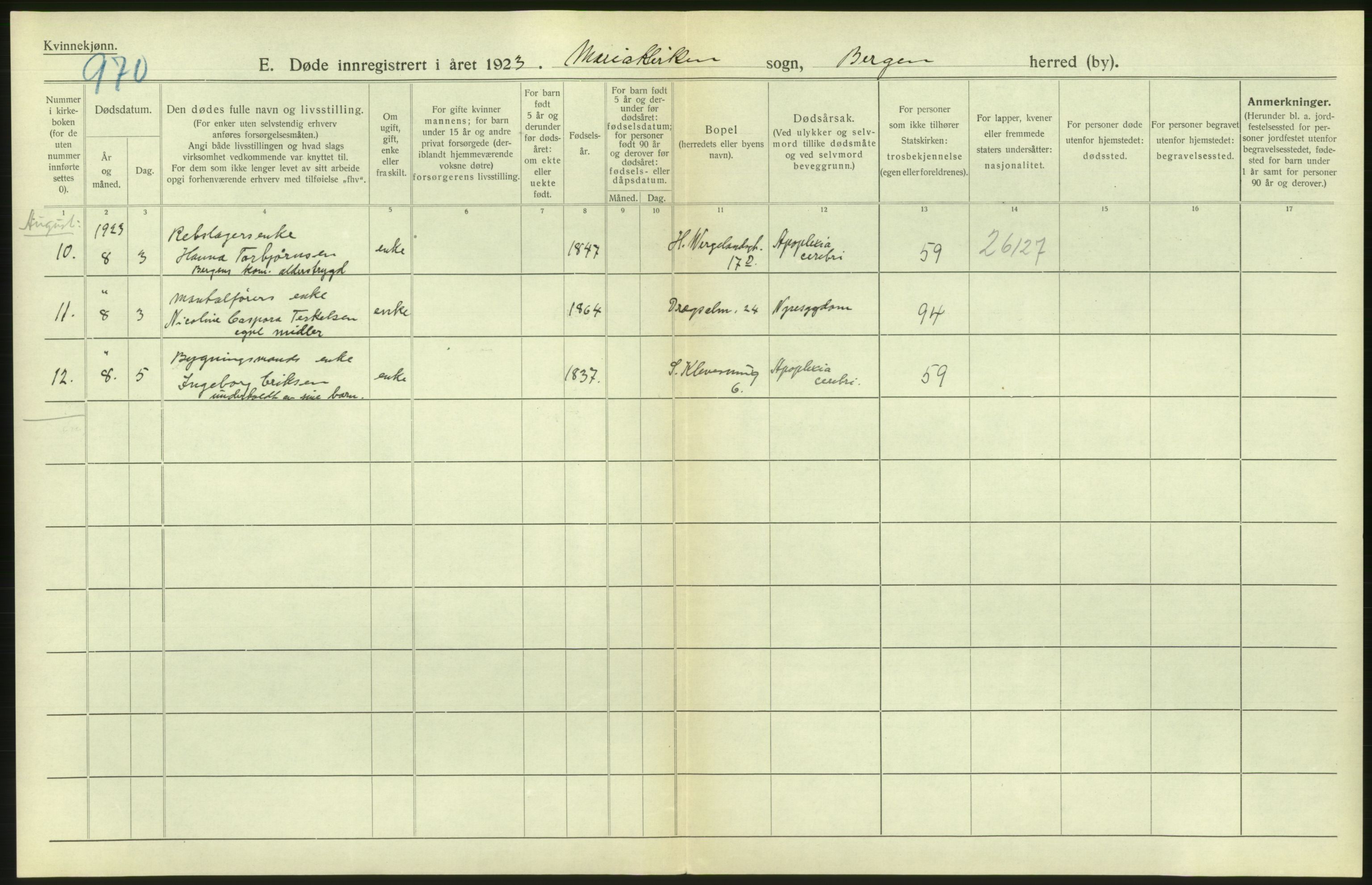 Statistisk sentralbyrå, Sosiodemografiske emner, Befolkning, AV/RA-S-2228/D/Df/Dfc/Dfcc/L0029: Bergen: Gifte, døde, dødfødte., 1923, s. 282