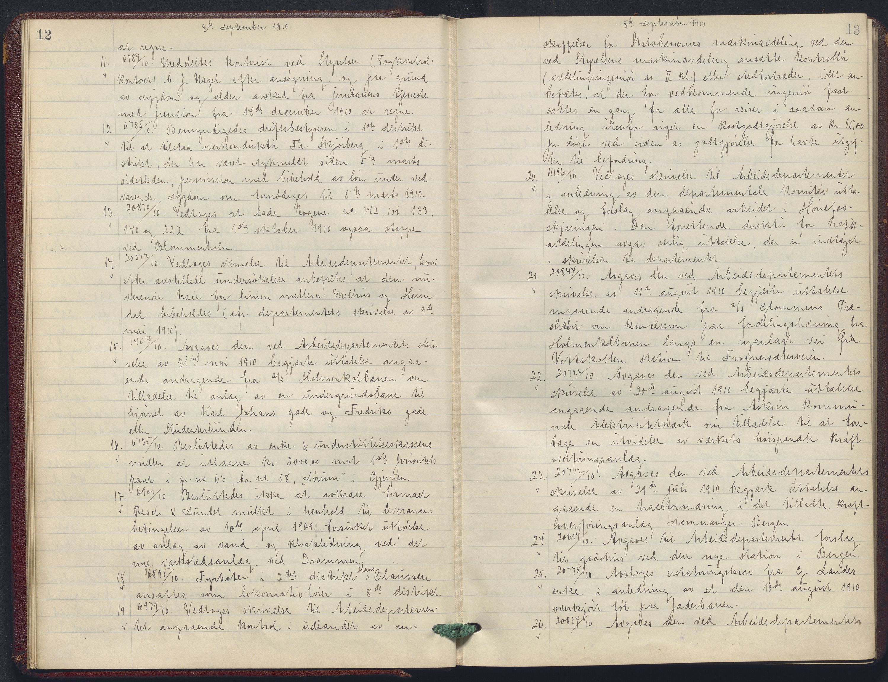 Norges statsbaner, Administrasjons- økonomi- og personalavdelingen, AV/RA-S-3412/A/Aa/L0011: Forhandlingsprotokoll, 1910-1911, s. 12-13