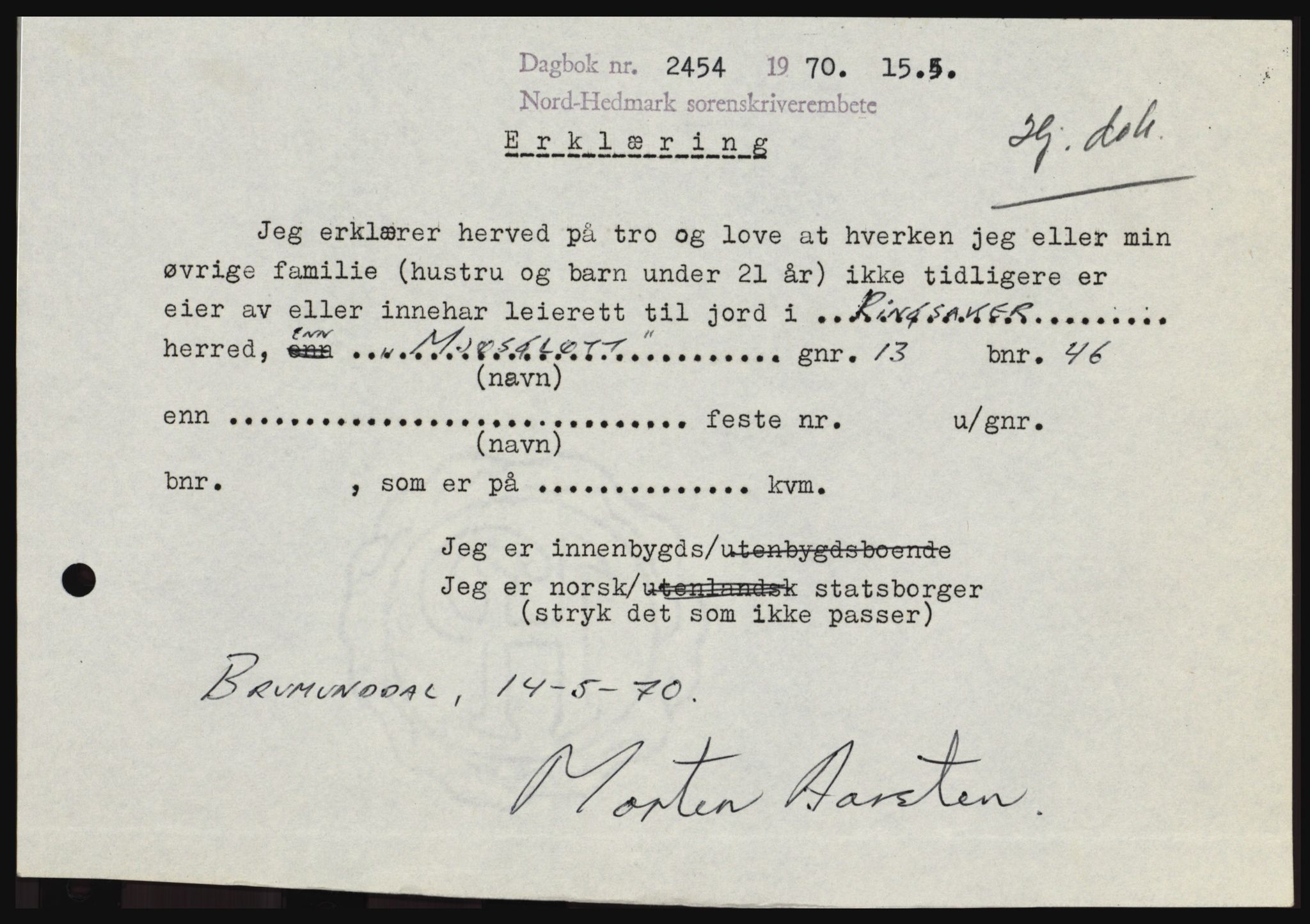 Nord-Hedmark sorenskriveri, SAH/TING-012/H/Hc/L0033: Pantebok nr. 33, 1970-1970, Dagboknr: 2454/1970