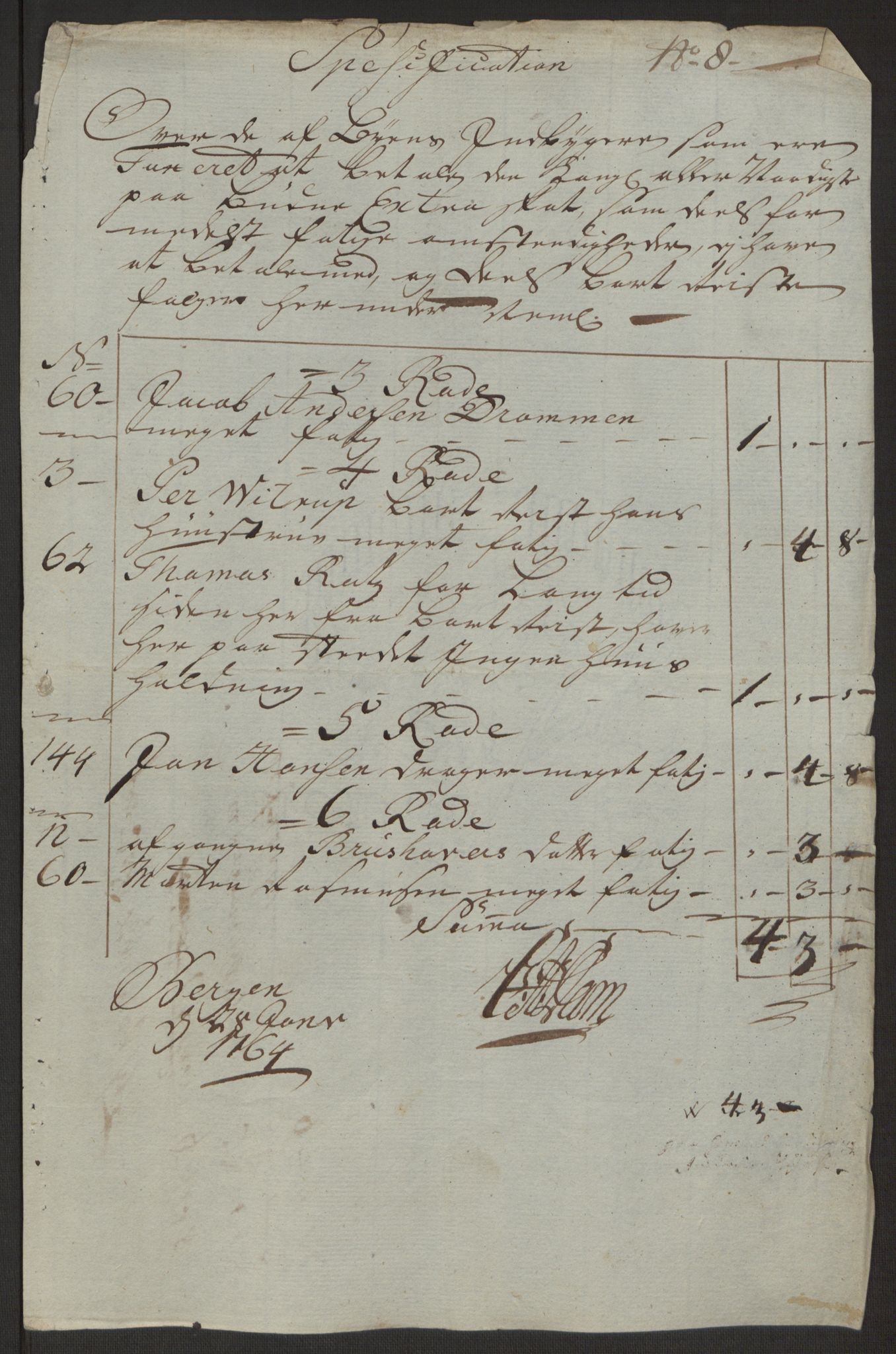 Rentekammeret inntil 1814, Reviderte regnskaper, Byregnskaper, AV/RA-EA-4066/R/Rp/L0366/0001: [P20] Kontribusjonsregnskap / Ekstraskatt, 1763, s. 258