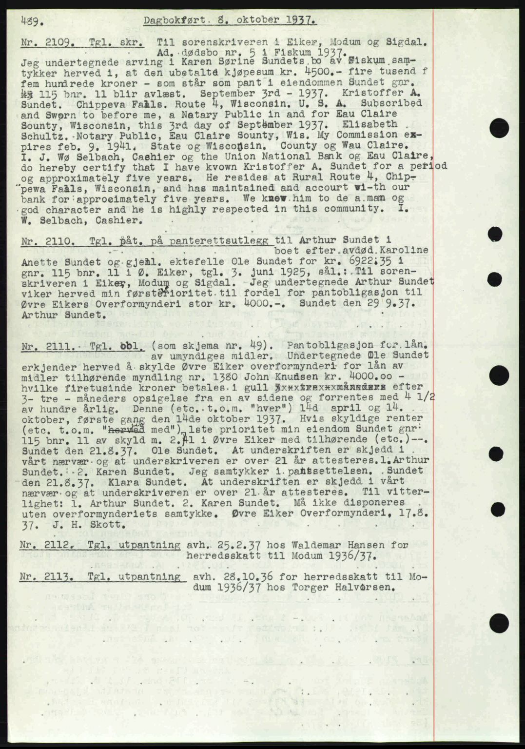 Eiker, Modum og Sigdal sorenskriveri, SAKO/A-123/G/Ga/Gab/L0036: Pantebok nr. A6, 1937-1937, Dagboknr: 2109/1937