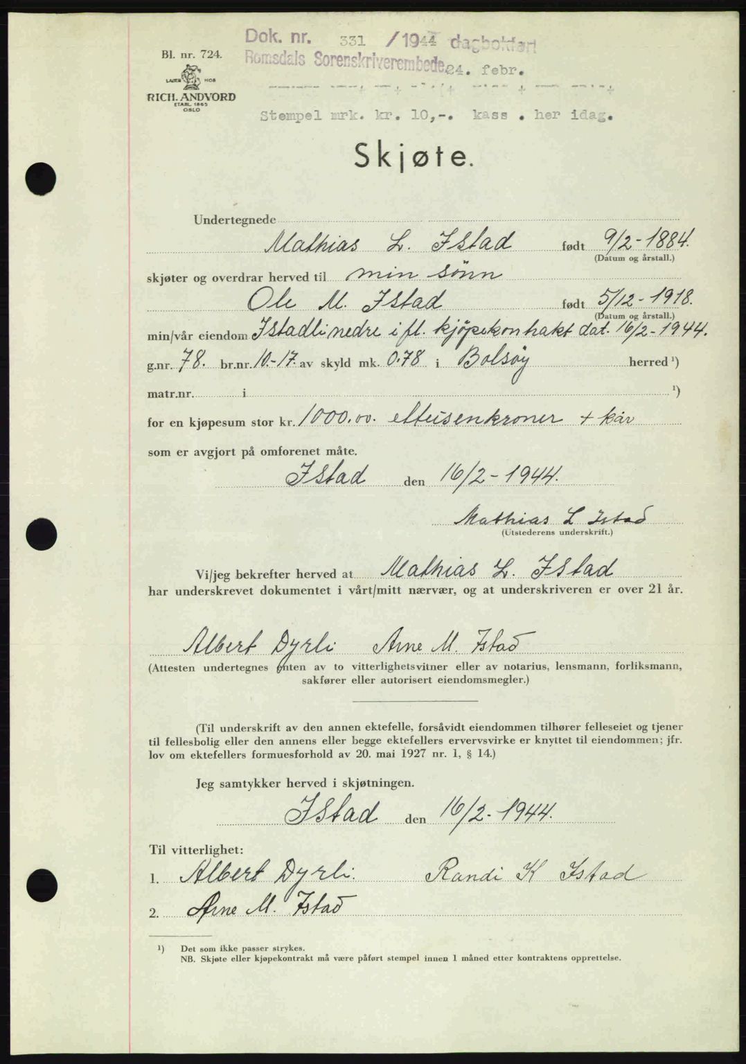 Romsdal sorenskriveri, AV/SAT-A-4149/1/2/2C: Pantebok nr. A16, 1944-1944, Dagboknr: 331/1944