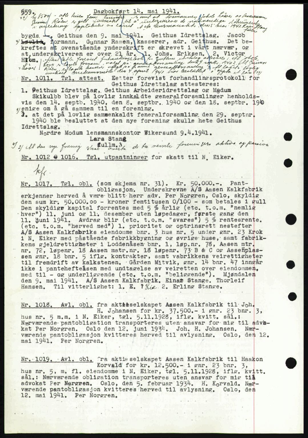 Eiker, Modum og Sigdal sorenskriveri, SAKO/A-123/G/Ga/Gab/L0043: Pantebok nr. A13, 1940-1941, Dagboknr: 1011/1941