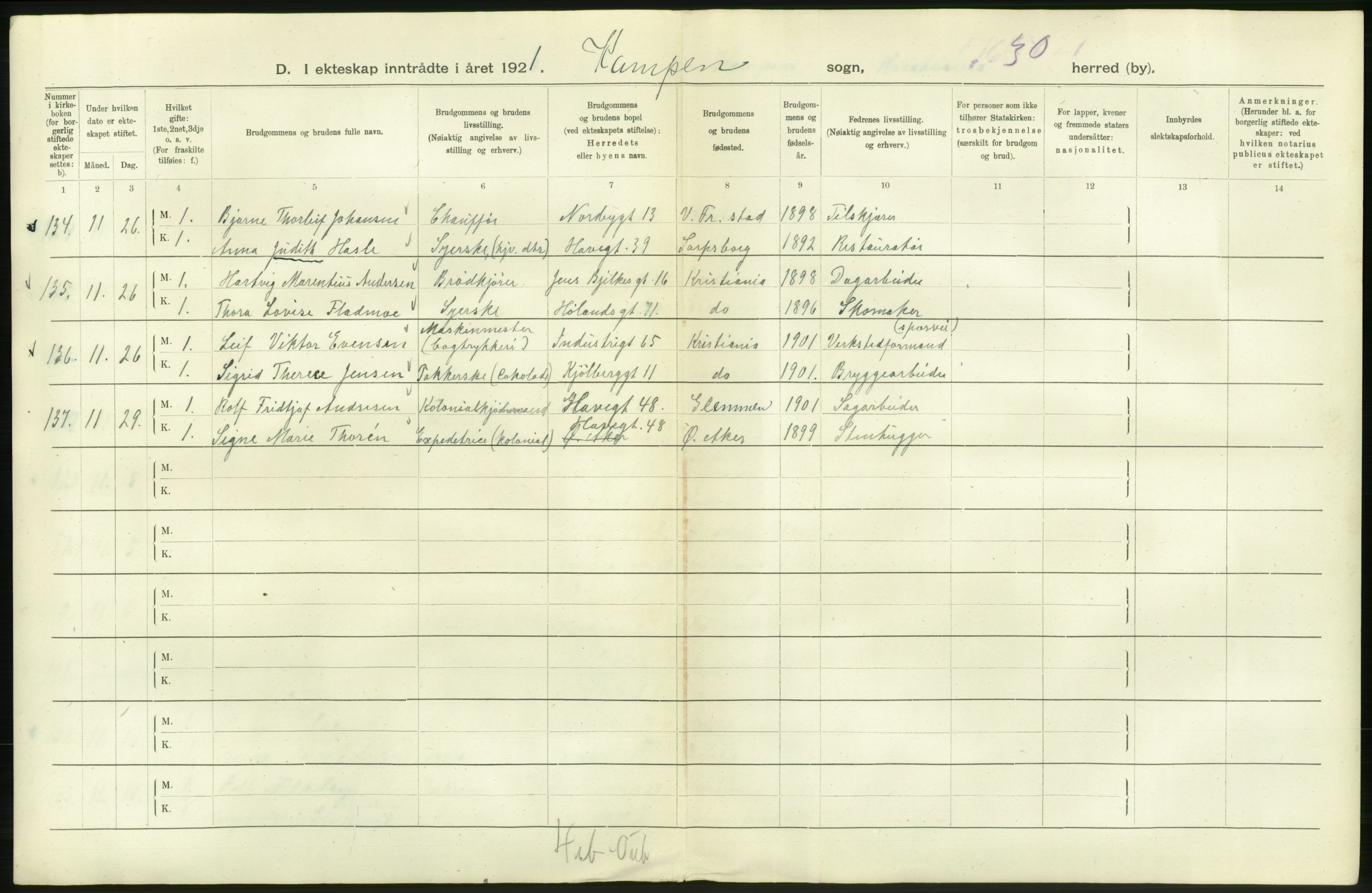 Statistisk sentralbyrå, Sosiodemografiske emner, Befolkning, AV/RA-S-2228/D/Df/Dfc/Dfca/L0011: Kristiania: Gifte, 1921, s. 786