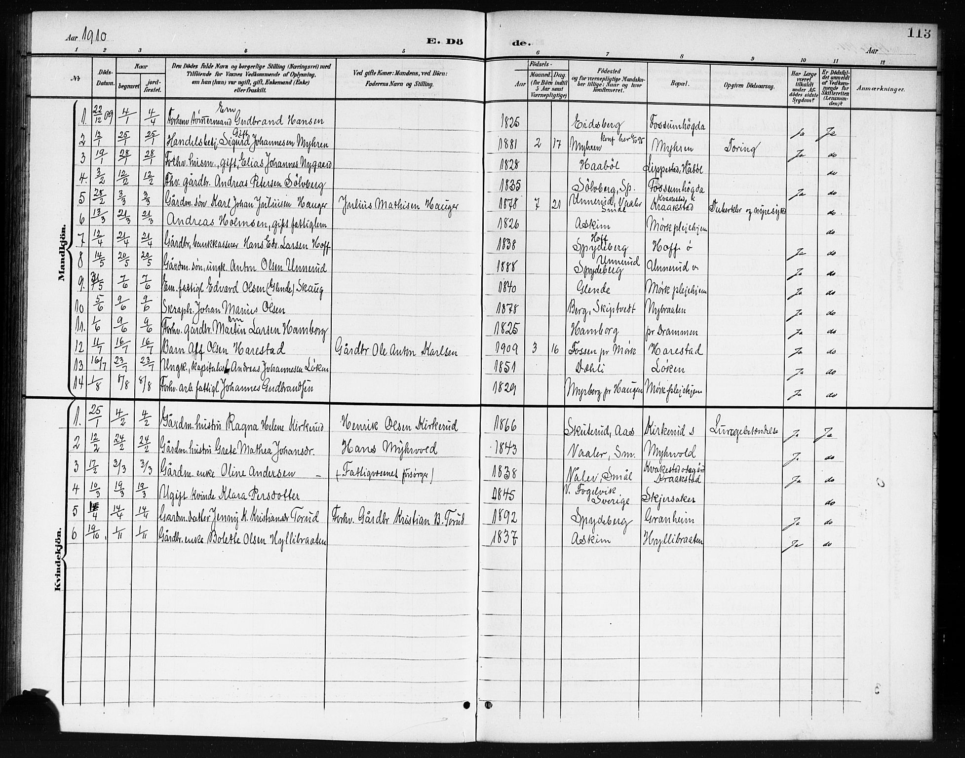 Spydeberg prestekontor Kirkebøker, AV/SAO-A-10924/G/Ga/L0002: Klokkerbok nr. I 2, 1901-1922, s. 113