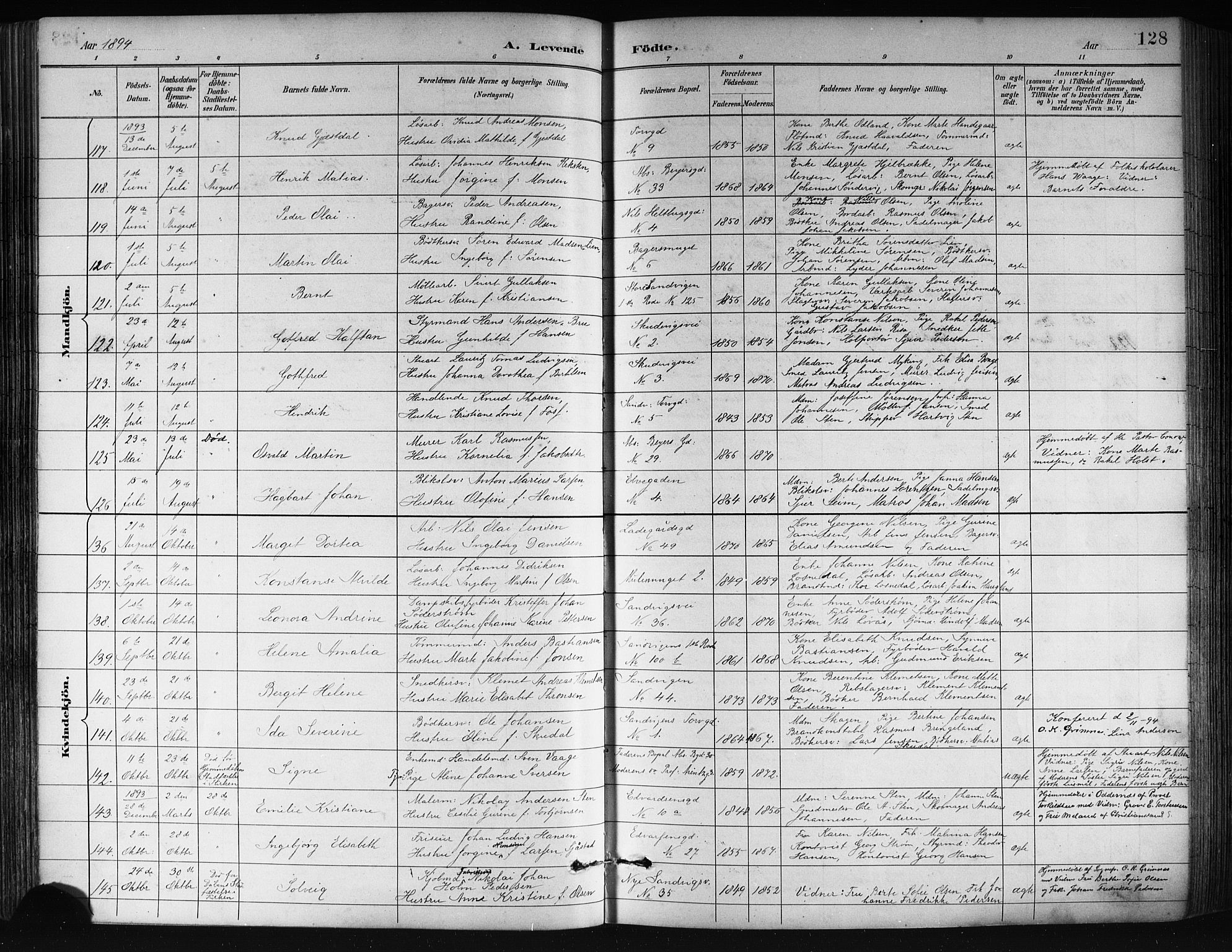 Sandviken Sokneprestembete, AV/SAB-A-77601/H/Hb/L0002: Klokkerbok nr. A 3, 1888-1902, s. 128
