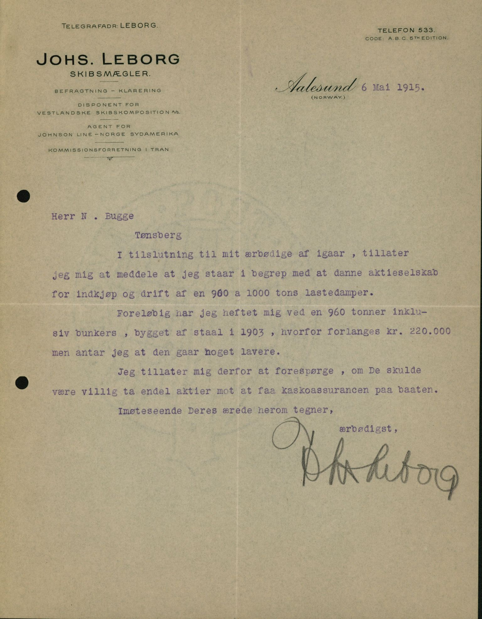 Pa 664 - Tønsberg Sjøforsikringsselskap, VEMU/A-1773/D/Da/L0001: Mai - November
Oscar Aalborg, 1915
