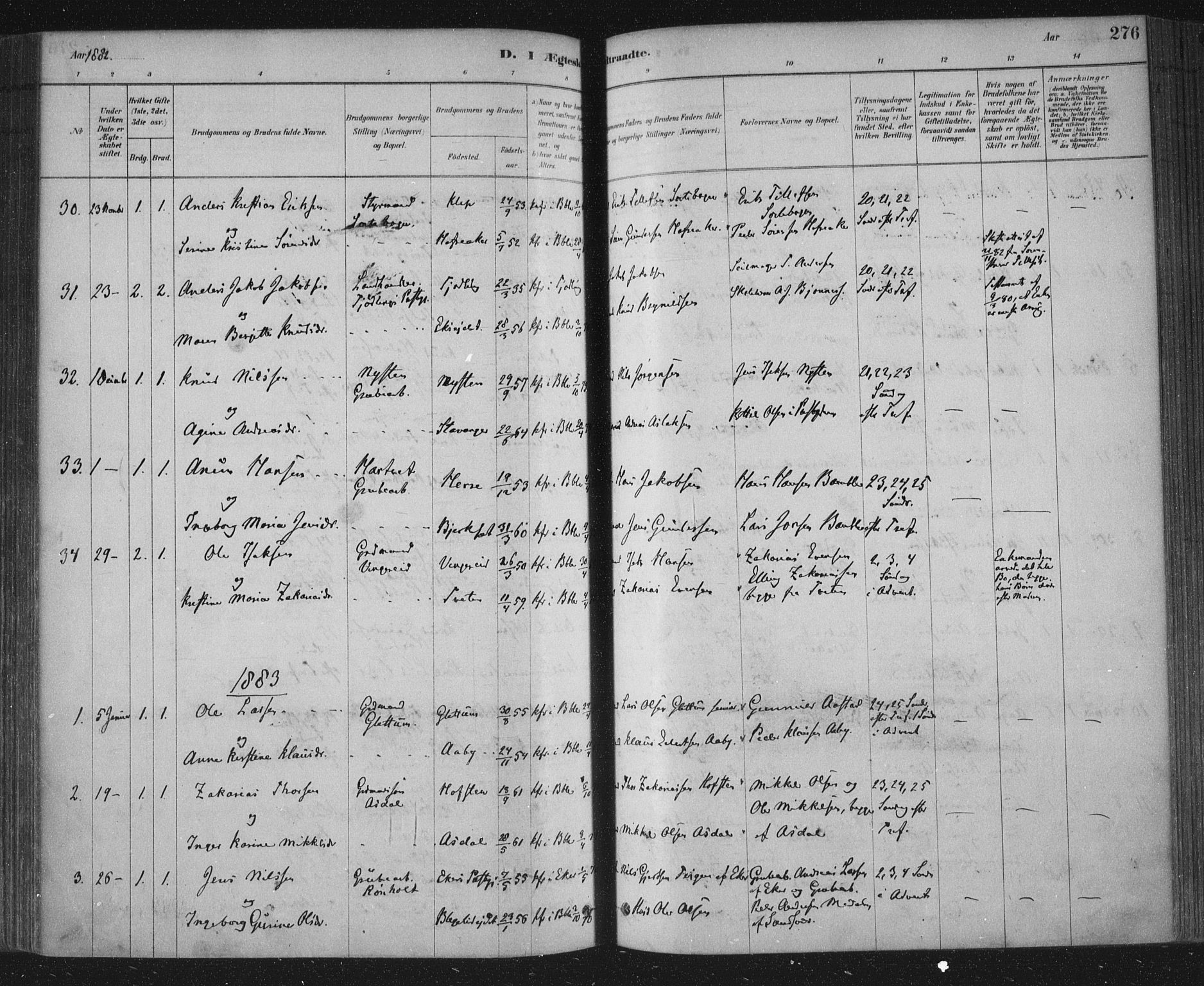 Bamble kirkebøker, AV/SAKO-A-253/F/Fa/L0007: Ministerialbok nr. I 7, 1878-1888, s. 276