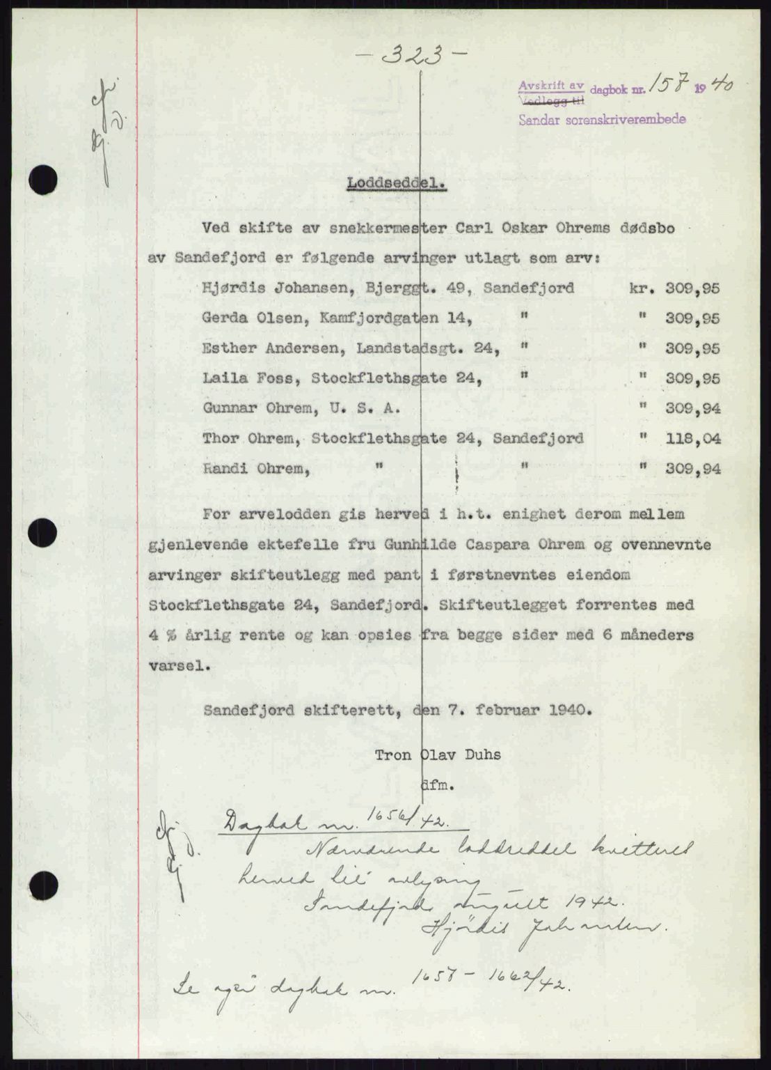 Sandar sorenskriveri, SAKO/A-86/G/Ga/Gab/L0001: Pantebok nr. B-1 og B-3 - B-9, 1936-1944, Dagboknr: 157/1940