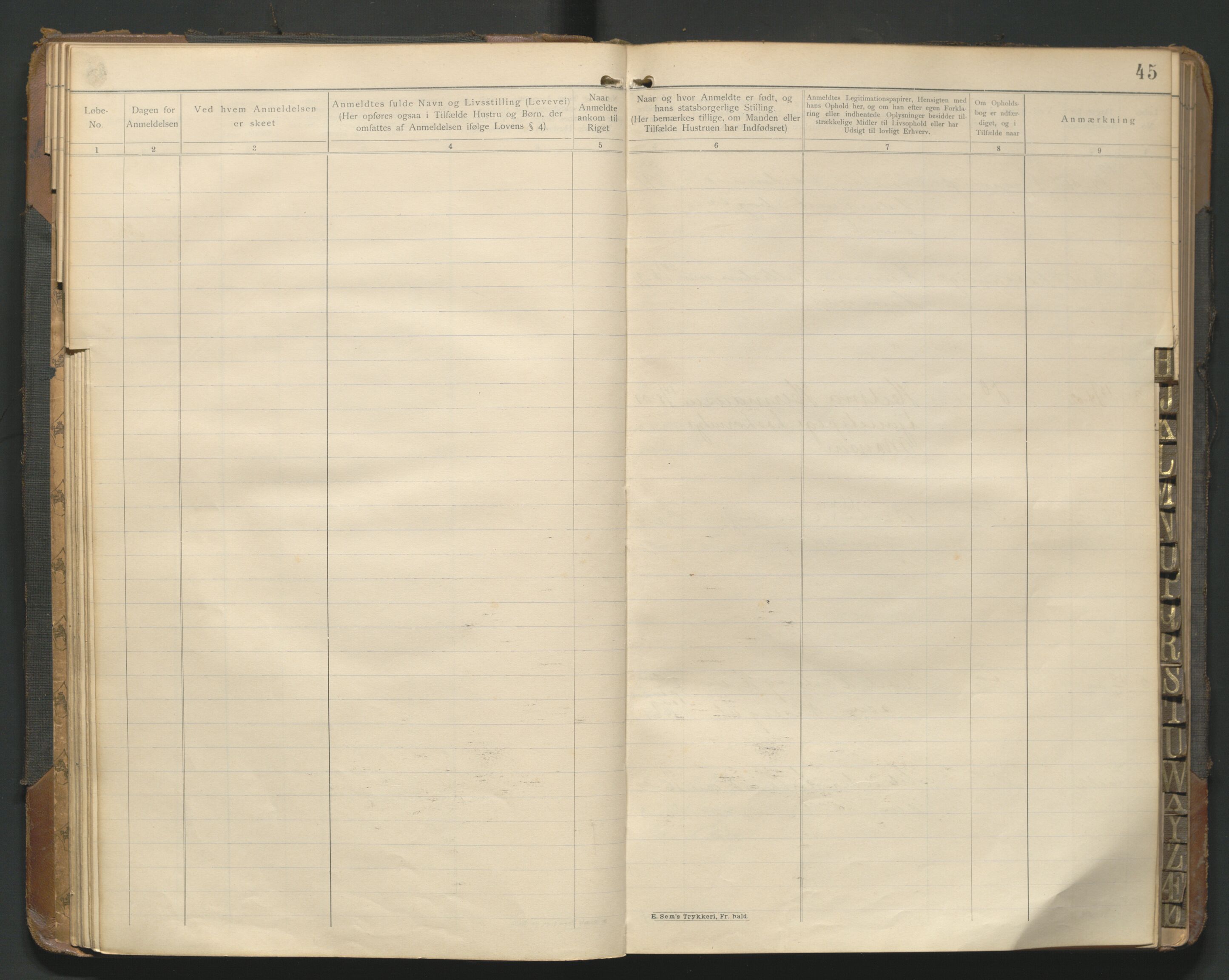 Fredrikstad politikammer, AV/SAO-A-10055/H/Hb/Hba/L0001: Protokoll over fremmede statsborgere, 1901-1916, s. 44b-45a