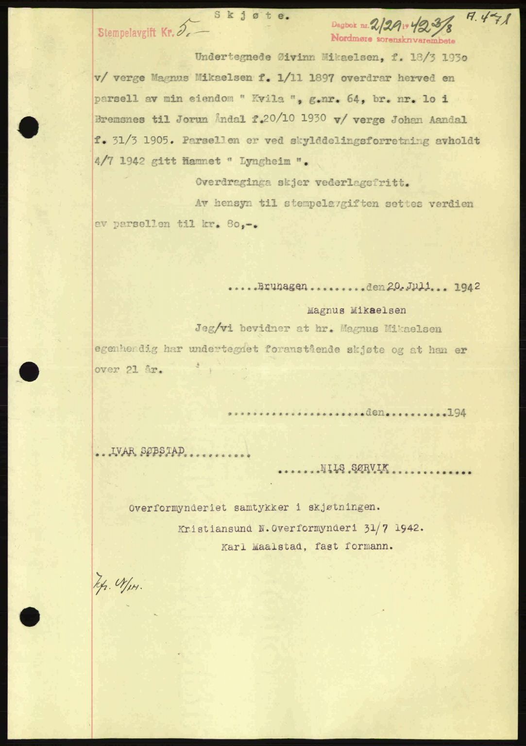 Nordmøre sorenskriveri, SAT/A-4132/1/2/2Ca: Pantebok nr. A93, 1942-1942, Dagboknr: 2129/1942