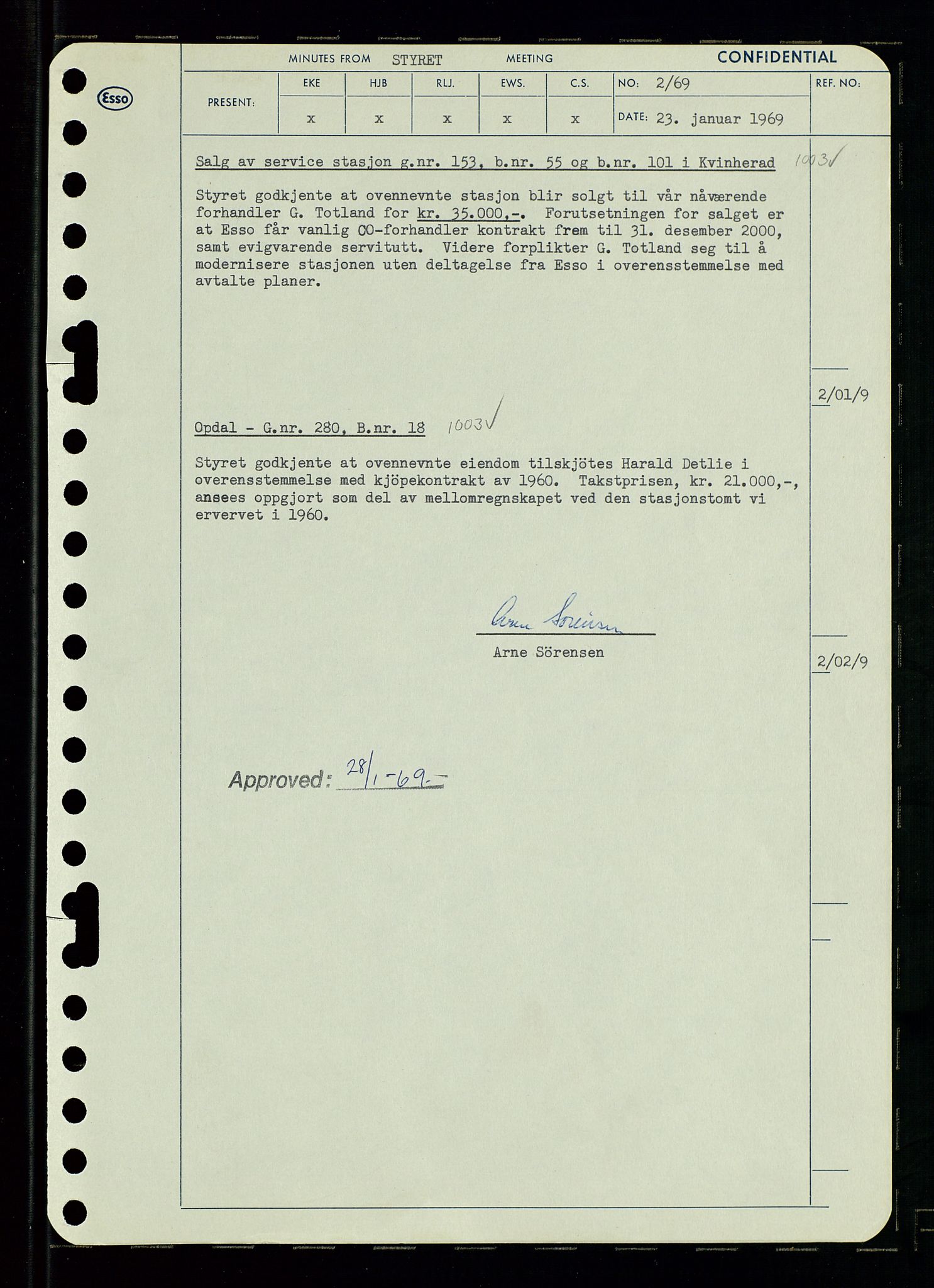 Pa 0982 - Esso Norge A/S, SAST/A-100448/A/Aa/L0003/0001: Den administrerende direksjon Board minutes (styrereferater) og Bedriftforsamlingsprotokoll / Den administrerende direksjon Board minutes (styrereferater), 1969, s. 3