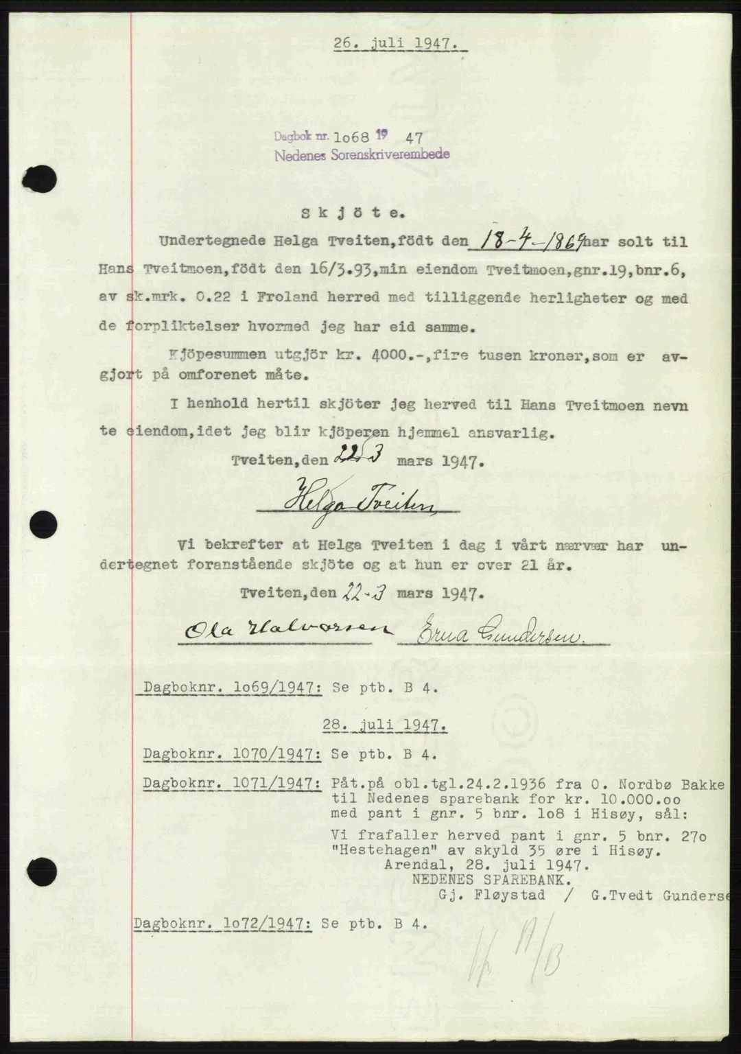 Nedenes sorenskriveri, AV/SAK-1221-0006/G/Gb/Gba/L0057: Pantebok nr. A9, 1947-1947, Dagboknr: 1068/1947