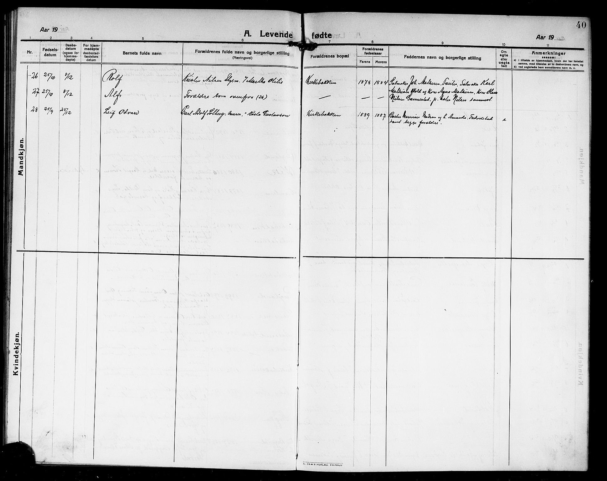 Borre kirkebøker, AV/SAKO-A-338/G/Ga/L0006: Klokkerbok nr. I 6, 1911-1919, s. 40
