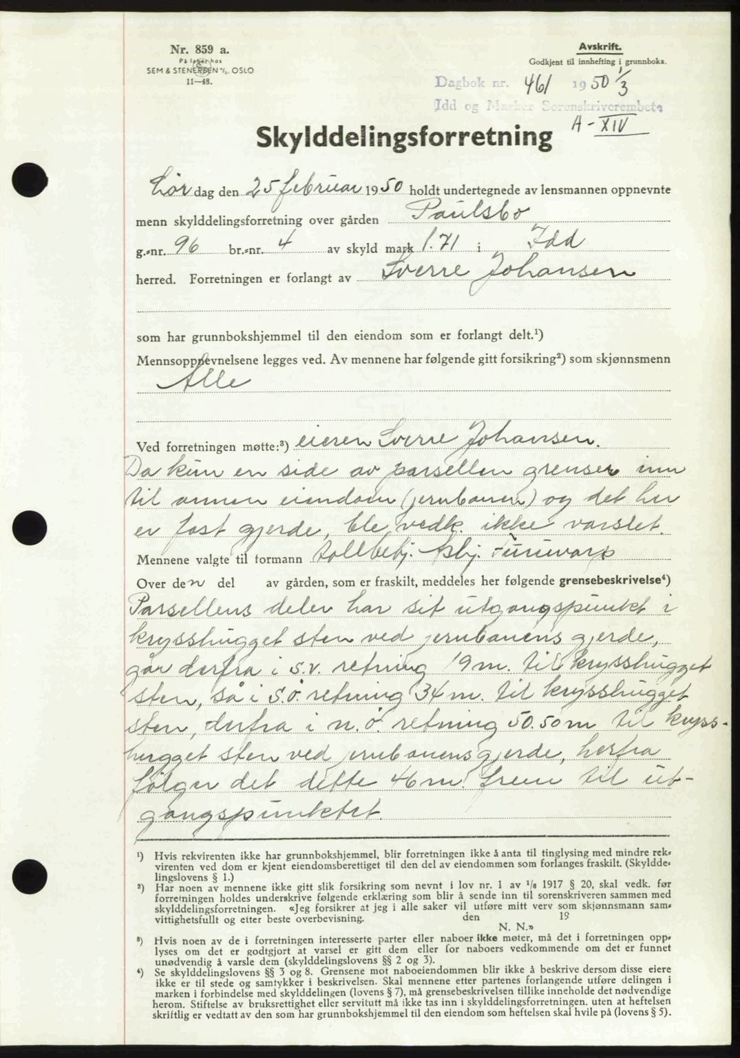 Idd og Marker sorenskriveri, AV/SAO-A-10283/G/Gb/Gbb/L0014: Pantebok nr. A14, 1950-1950, Dagboknr: 461/1950
