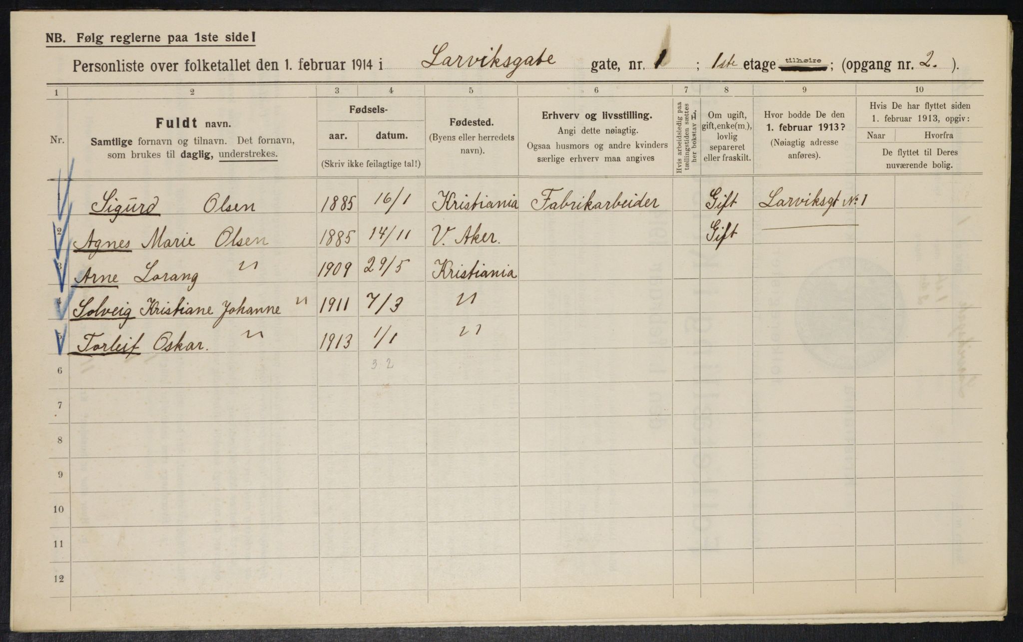 OBA, Kommunal folketelling 1.2.1914 for Kristiania, 1914, s. 57000