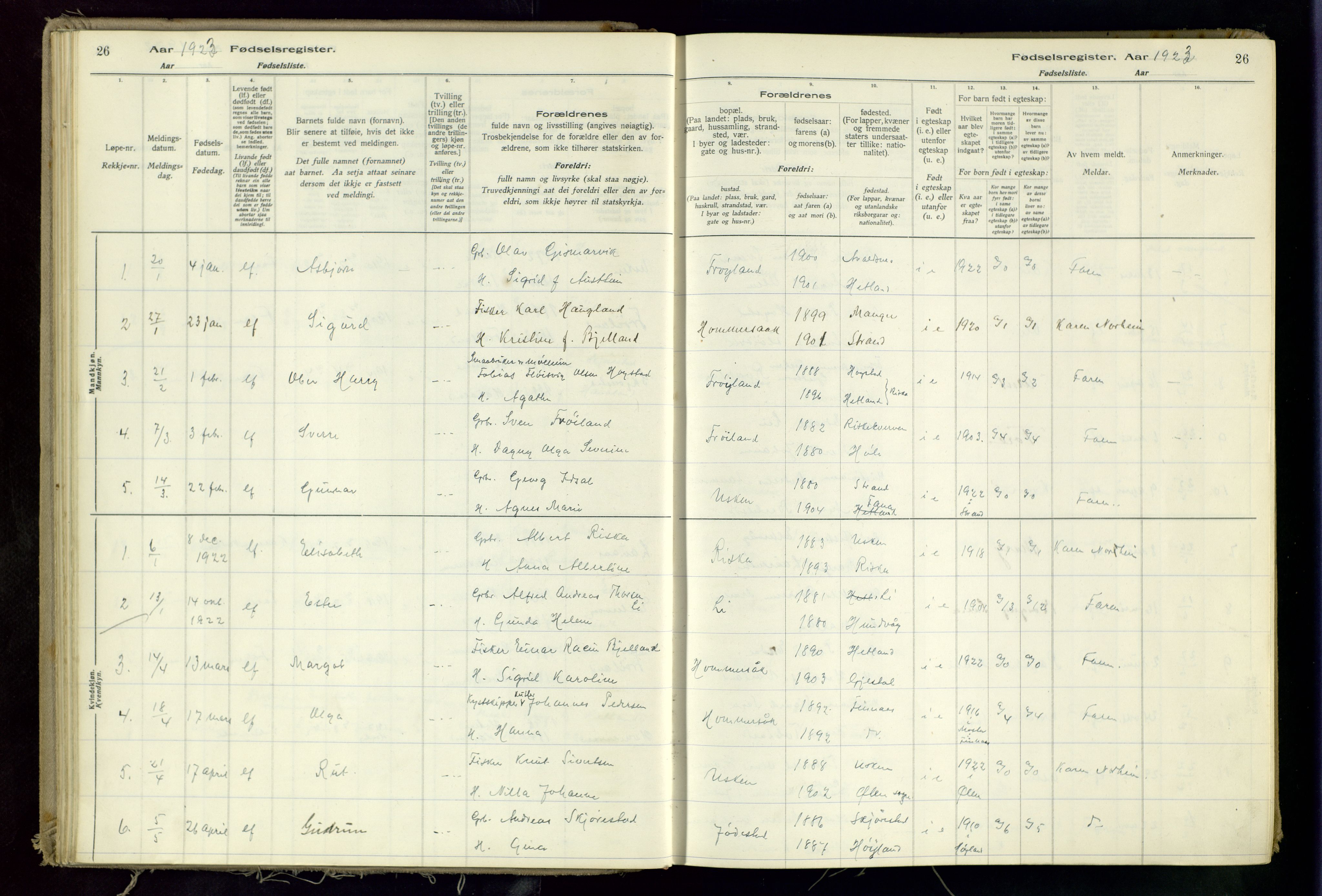 Hetland sokneprestkontor, SAST/A-101826/70/704BA/L0002: Fødselsregister nr. 2, 1916-1968, s. 26