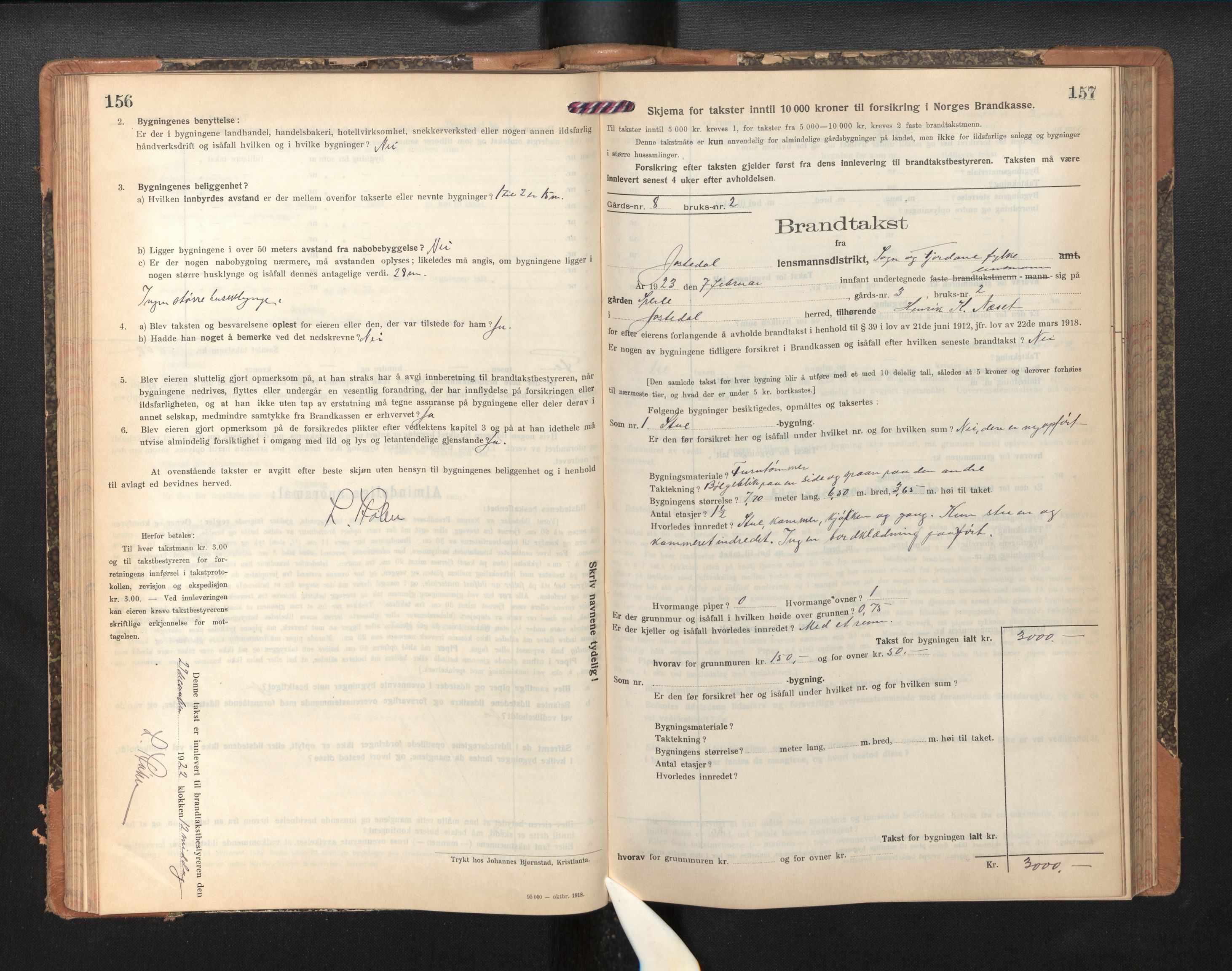 Lensmannen i Jostedal, SAB/A-28601/0012/L0005: Branntakstprotokoll, skjematakst, 1921-1935, s. 156-157