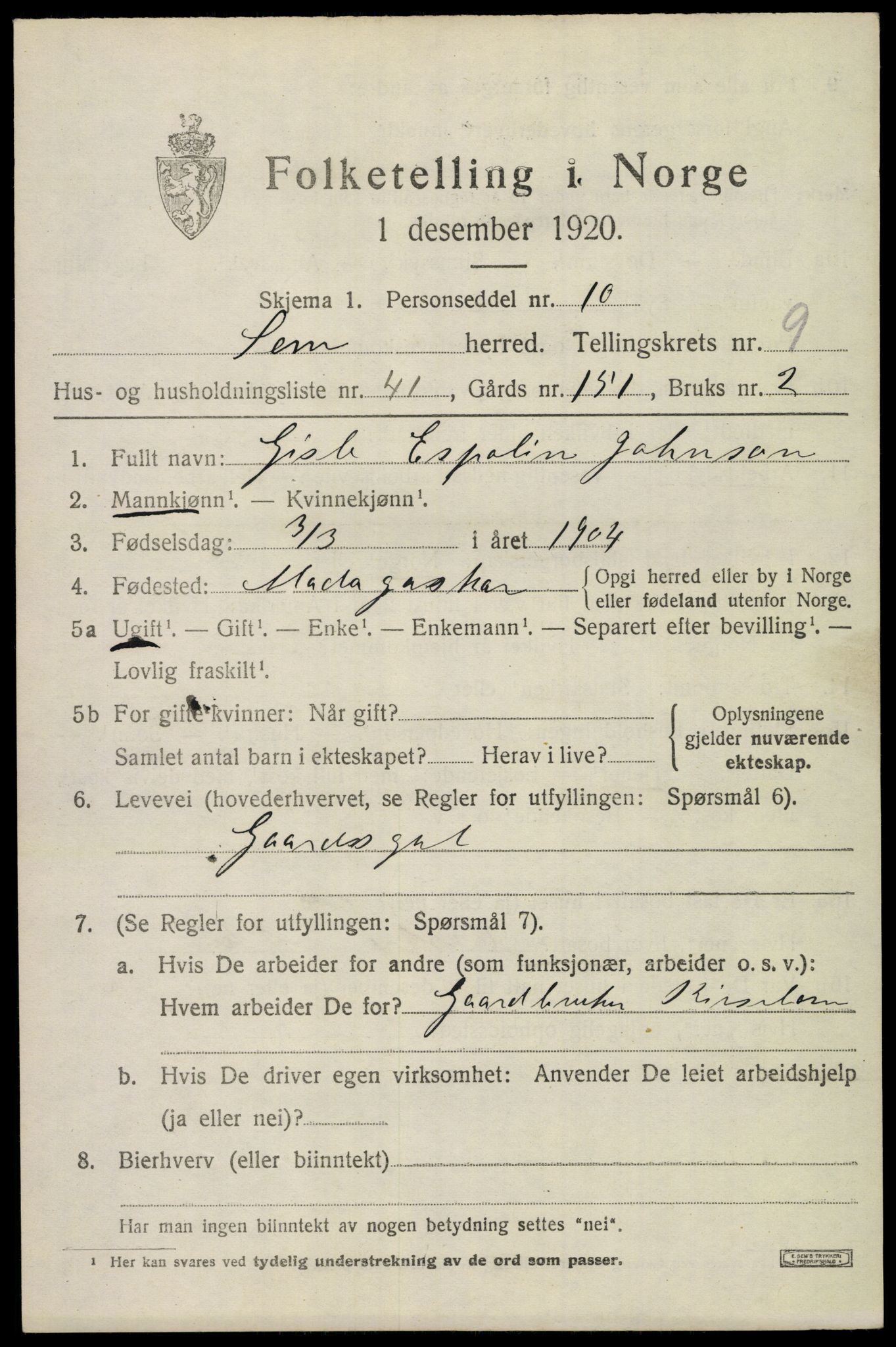 SAKO, Folketelling 1920 for 0721 Sem herred, 1920, s. 12991