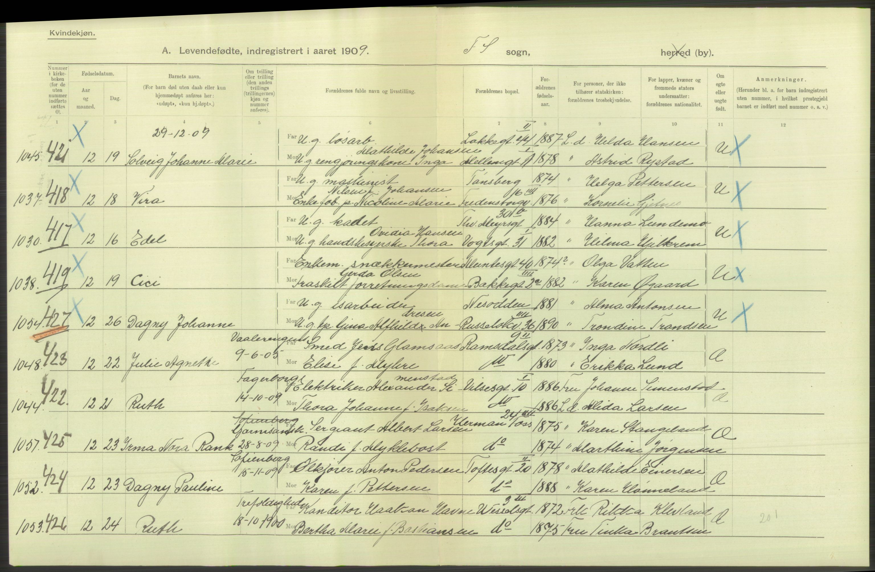 Statistisk sentralbyrå, Sosiodemografiske emner, Befolkning, RA/S-2228/D/Df/Dfa/Dfag/L0007: Kristiania: Levendefødte menn og kvinner., 1909, s. 462