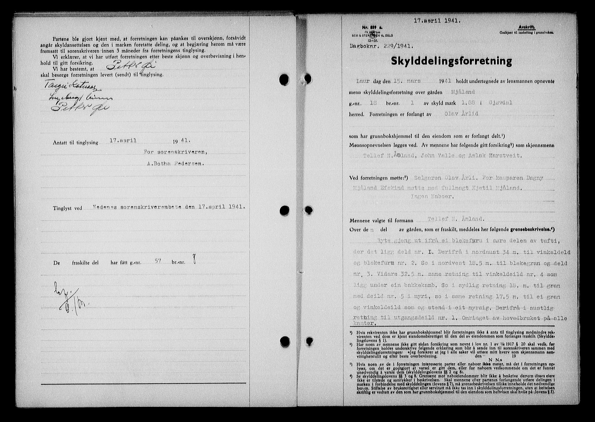 Nedenes sorenskriveri, AV/SAK-1221-0006/G/Gb/Gba/L0048: Pantebok nr. A-II, 1940-1941, Dagboknr: 229/1941