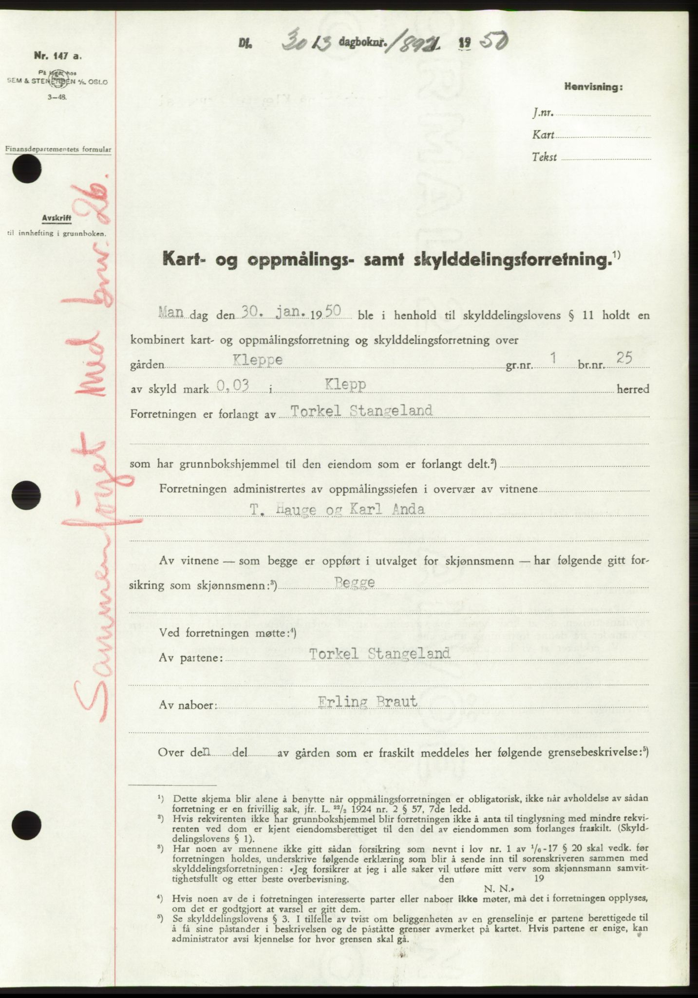 Jæren sorenskriveri, SAST/A-100310/03/G/Gba/L0107: Pantebok, 1950-1950, Dagboknr: 1892/1950