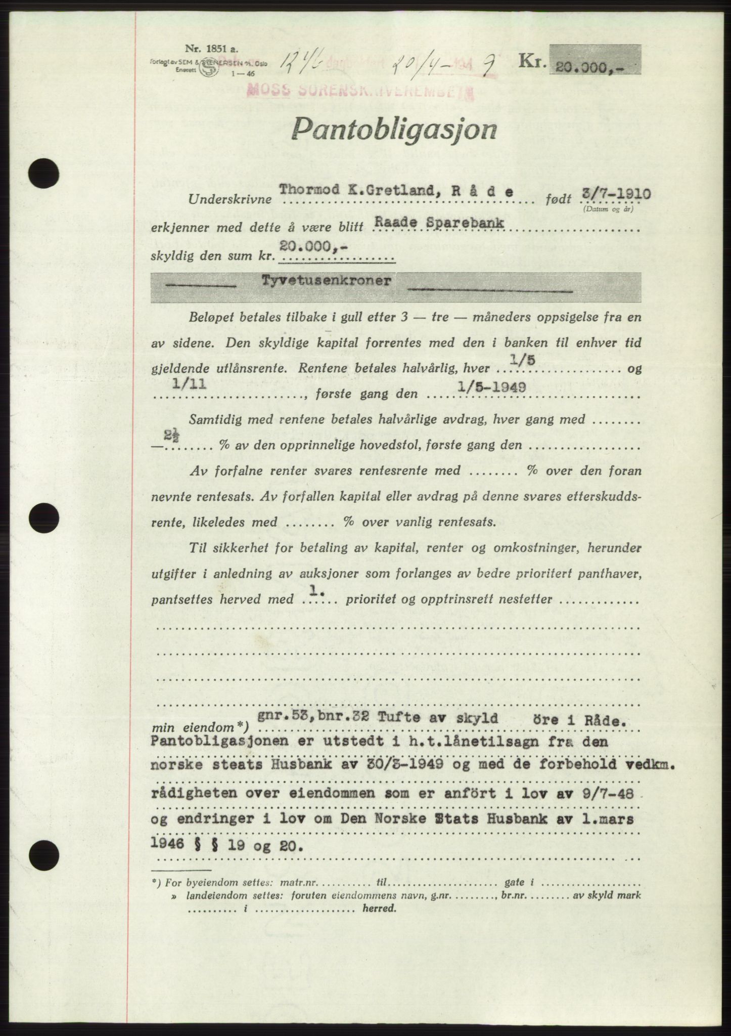 Moss sorenskriveri, SAO/A-10168: Pantebok nr. B21, 1949-1949, Dagboknr: 1246/1949