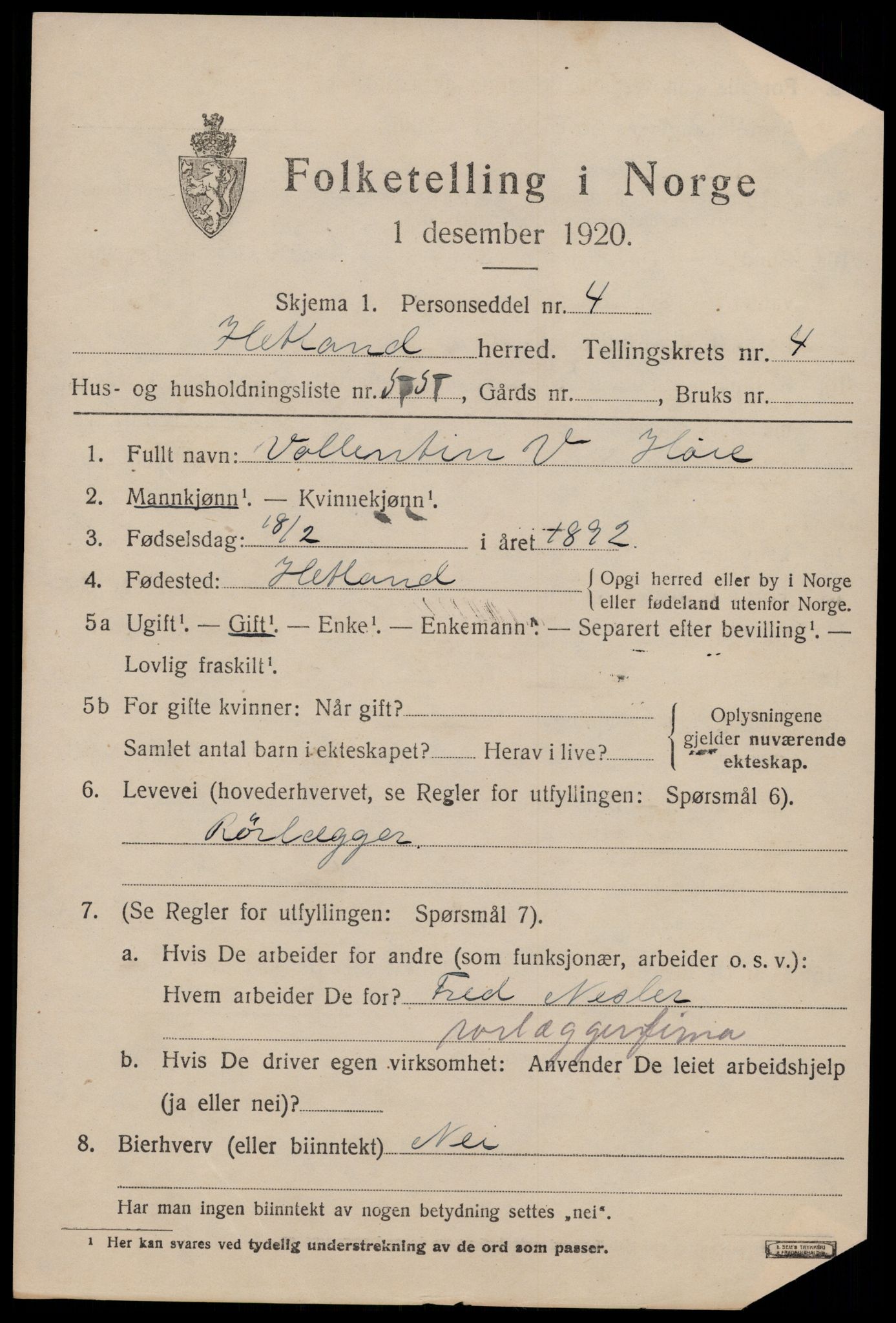 SAST, Folketelling 1920 for 1126 Hetland herred, 1920, s. 6907