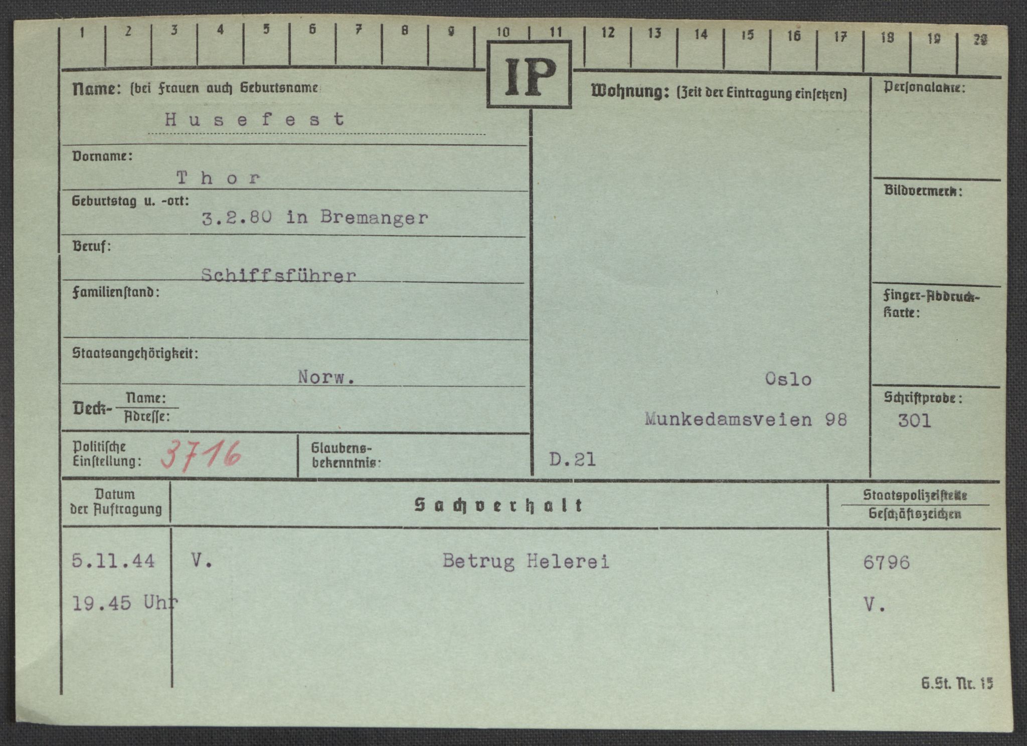 Befehlshaber der Sicherheitspolizei und des SD, AV/RA-RAFA-5969/E/Ea/Eaa/L0004: Register over norske fanger i Møllergata 19: Hal-Hæ, 1940-1945, s. 1443