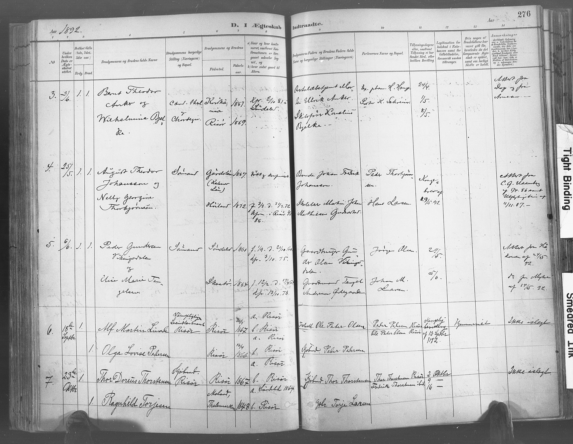 Risør sokneprestkontor, AV/SAK-1111-0035/F/Fa/L0005: Ministerialbok nr. A 5, 1883-1895, s. 276