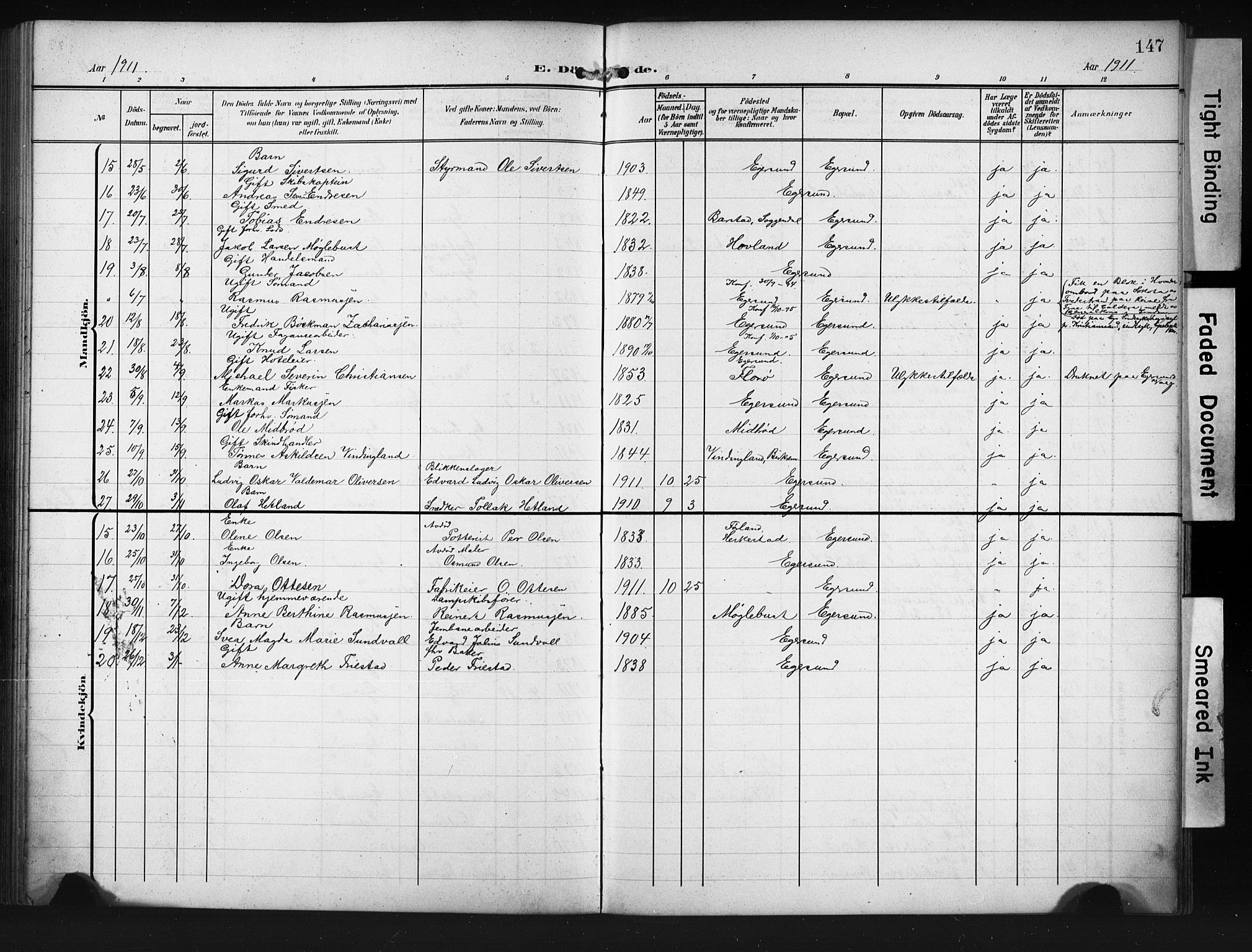 Eigersund sokneprestkontor, AV/SAST-A-101807/S09/L0012: Klokkerbok nr. B 12, 1908-1930, s. 147