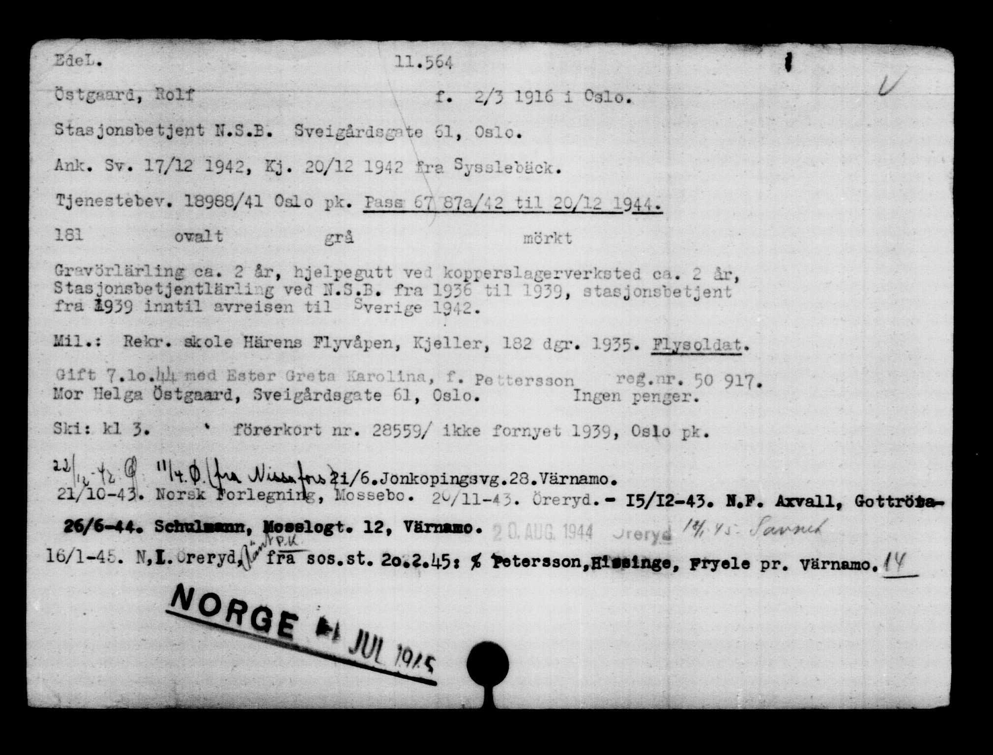 Utenriksstasjonene, Legasjonen i Stockholm, Flyktningkontoret, AV/RA-S-6753/V/Va/L0006: Kjesäterkartoteket, flyktninger med registreringsnr. 9400-12711, 1940-1945, s. 2440