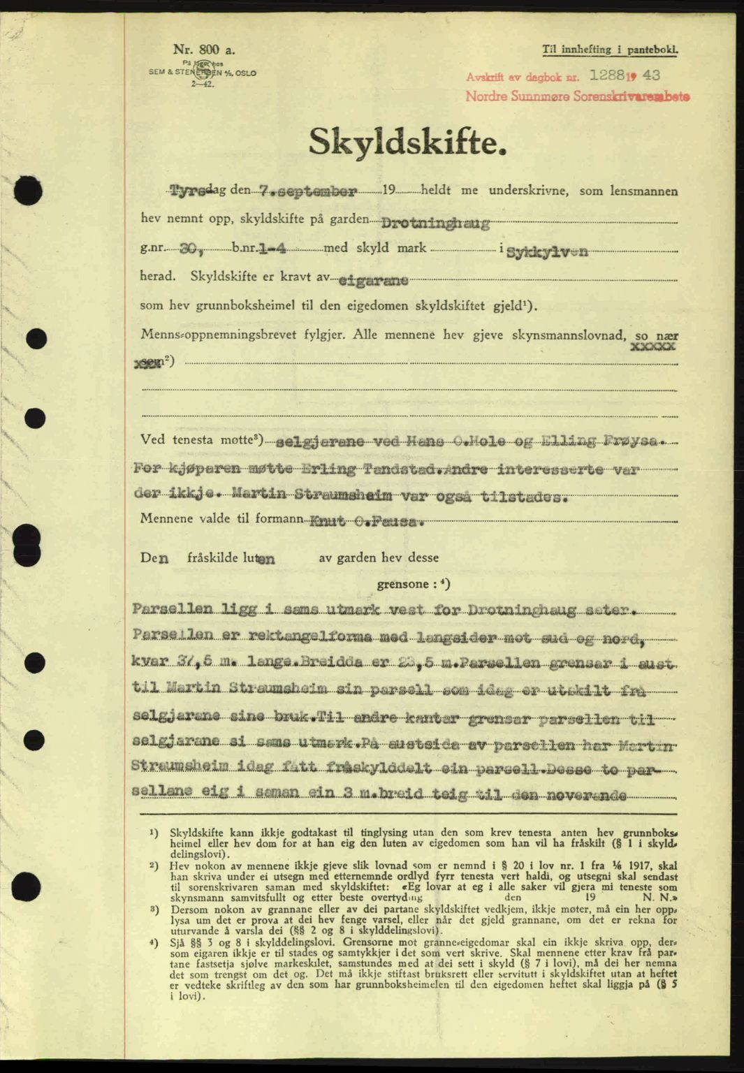 Nordre Sunnmøre sorenskriveri, SAT/A-0006/1/2/2C/2Ca: Pantebok nr. A16, 1943-1943, Dagboknr: 1288/1943