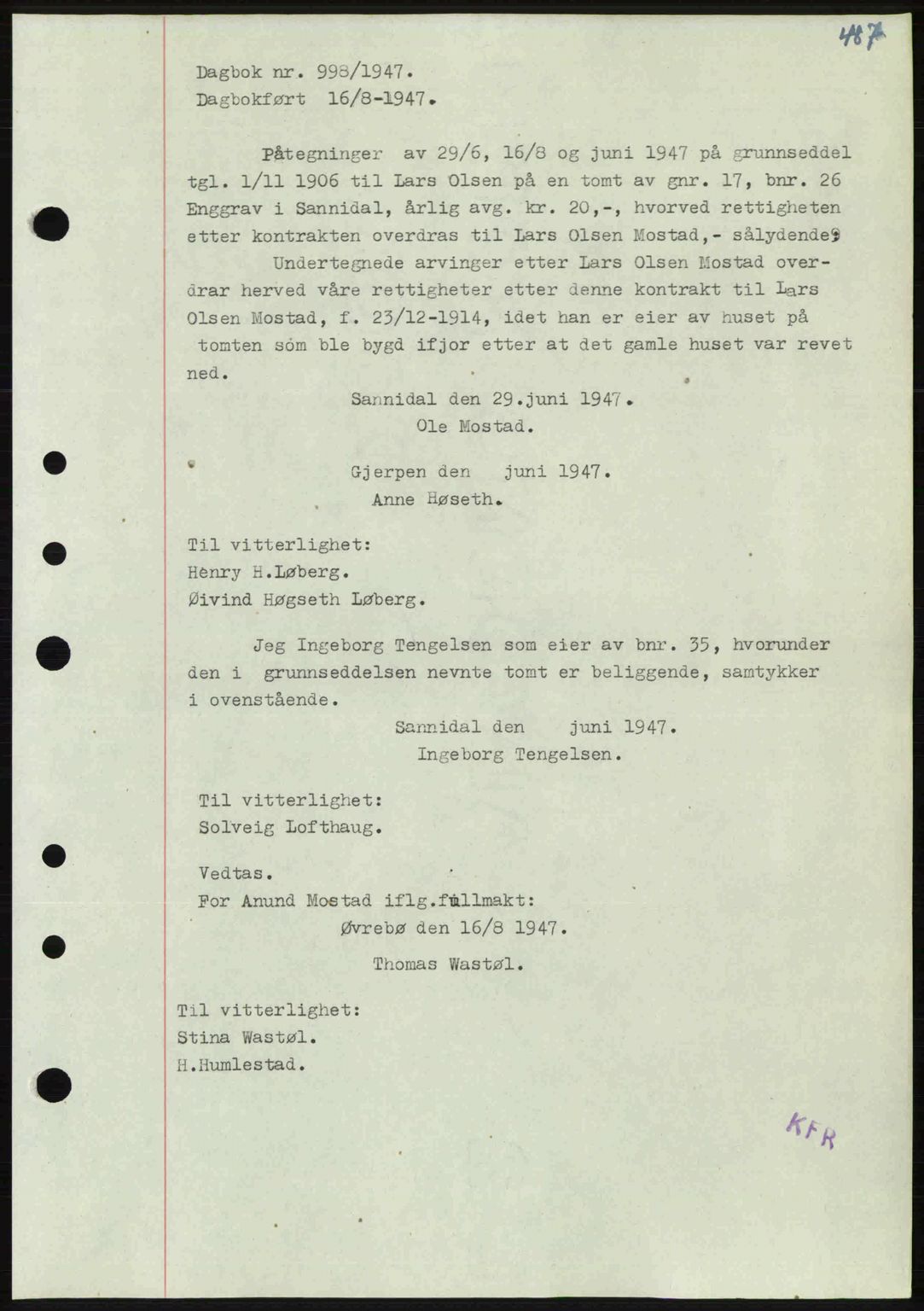 Kragerø sorenskriveri, SAKO/A-65/G/Ga/Gab/L0061: Pantebok nr. A-61, 1947-1947, Dagboknr: 998/1947
