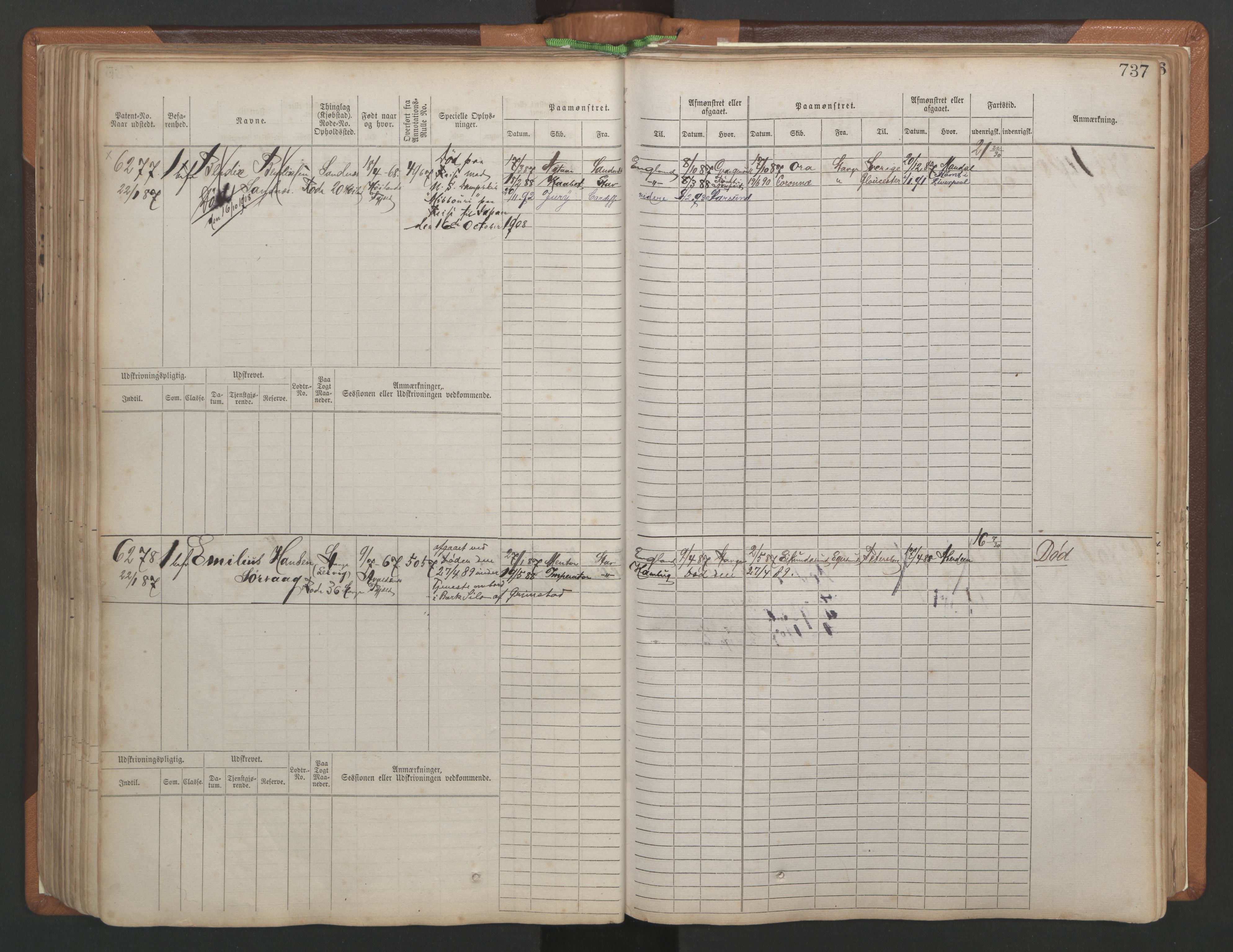 Stavanger sjømannskontor, AV/SAST-A-102006/F/Fb/Fbb/L0010: Sjøfartshovedrulle, patentnr. 6007-6606 (del 1), 1887-1896, s. 141