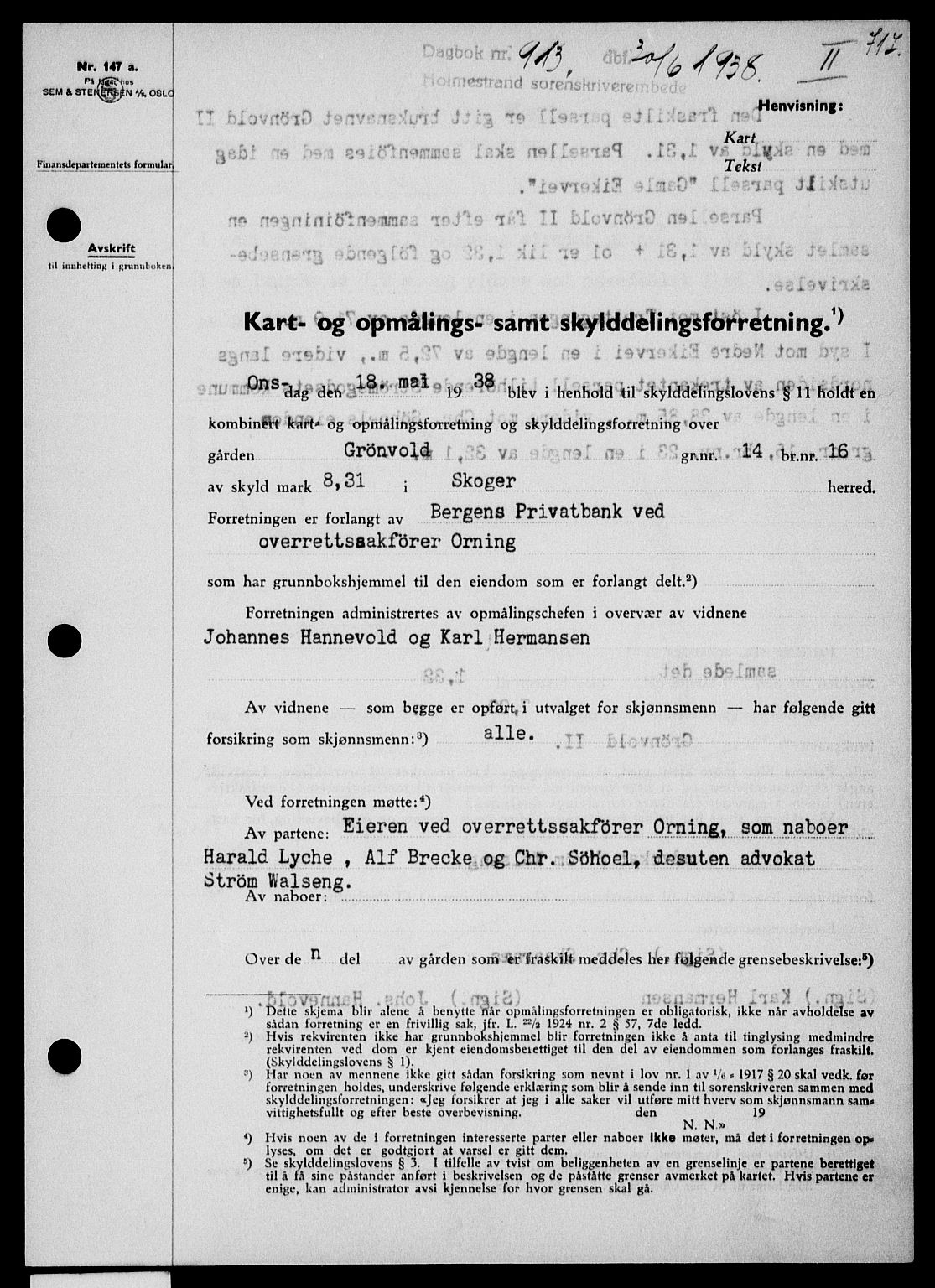 Holmestrand sorenskriveri, SAKO/A-67/G/Ga/Gaa/L0049: Pantebok nr. A-49, 1937-1938, Dagboknr: 913/1938