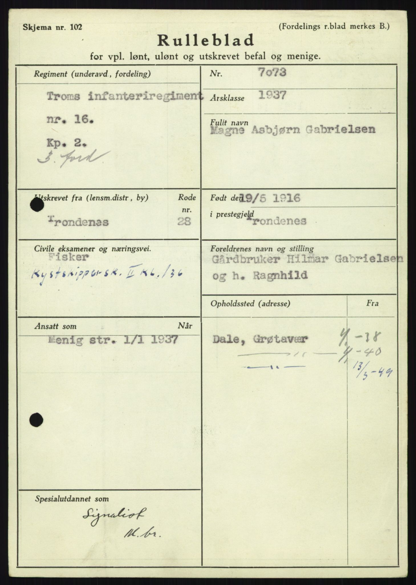 Forsvaret, Troms infanteriregiment nr. 16, AV/RA-RAFA-3146/P/Pa/L0021: Rulleblad for regimentets menige mannskaper, årsklasse 1937, 1937, s. 199