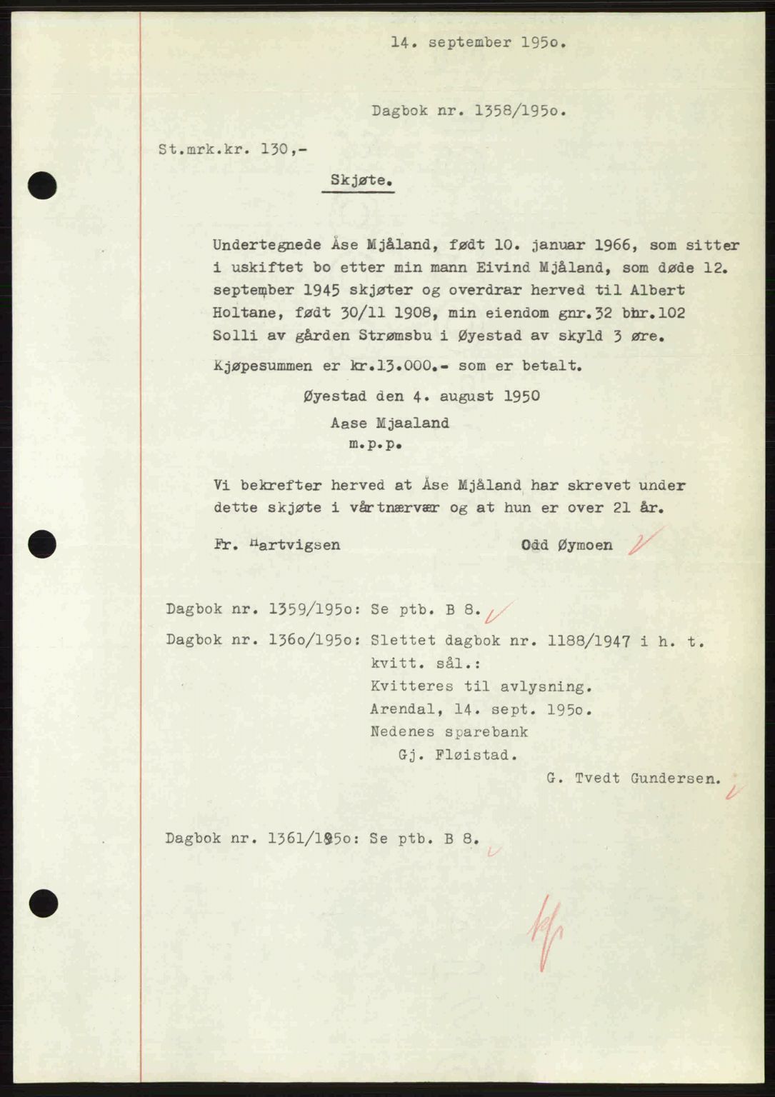 Nedenes sorenskriveri, SAK/1221-0006/G/Gb/Gba/L0063: Pantebok nr. A15, 1950-1950, Dagboknr: 1358/1950