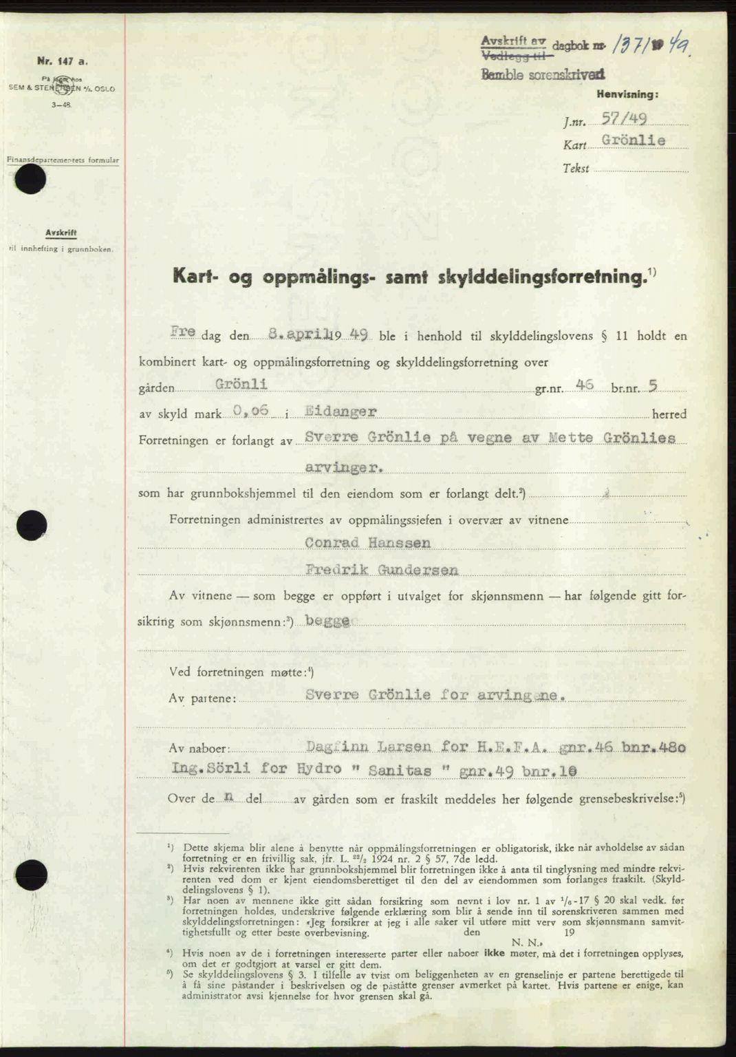 Bamble sorenskriveri, SAKO/A-214/G/Ga/Gag/L0015: Pantebok nr. A-15, 1949-1949, Dagboknr: 1371/1949