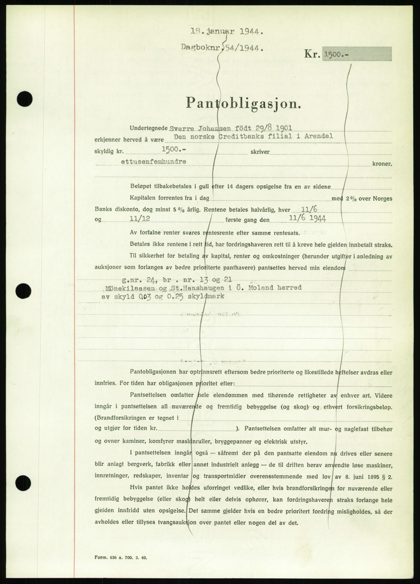 Nedenes sorenskriveri, SAK/1221-0006/G/Gb/Gbb/L0002: Pantebok nr. II, 1942-1945, Dagboknr: 54/1944