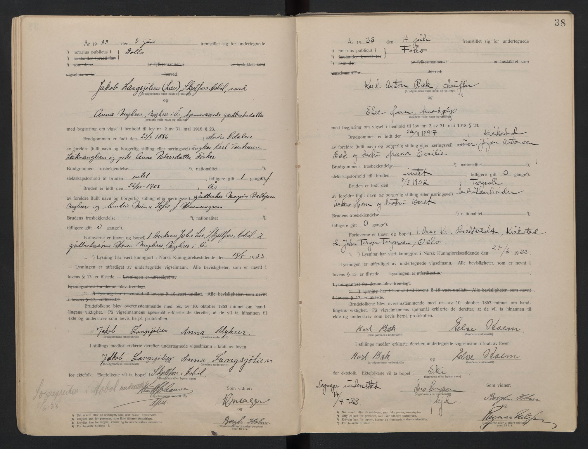 Follo sorenskriveri, AV/SAO-A-10274/L/La/Lab/L0001: Vigselsbok, 1920-1942, s. 38