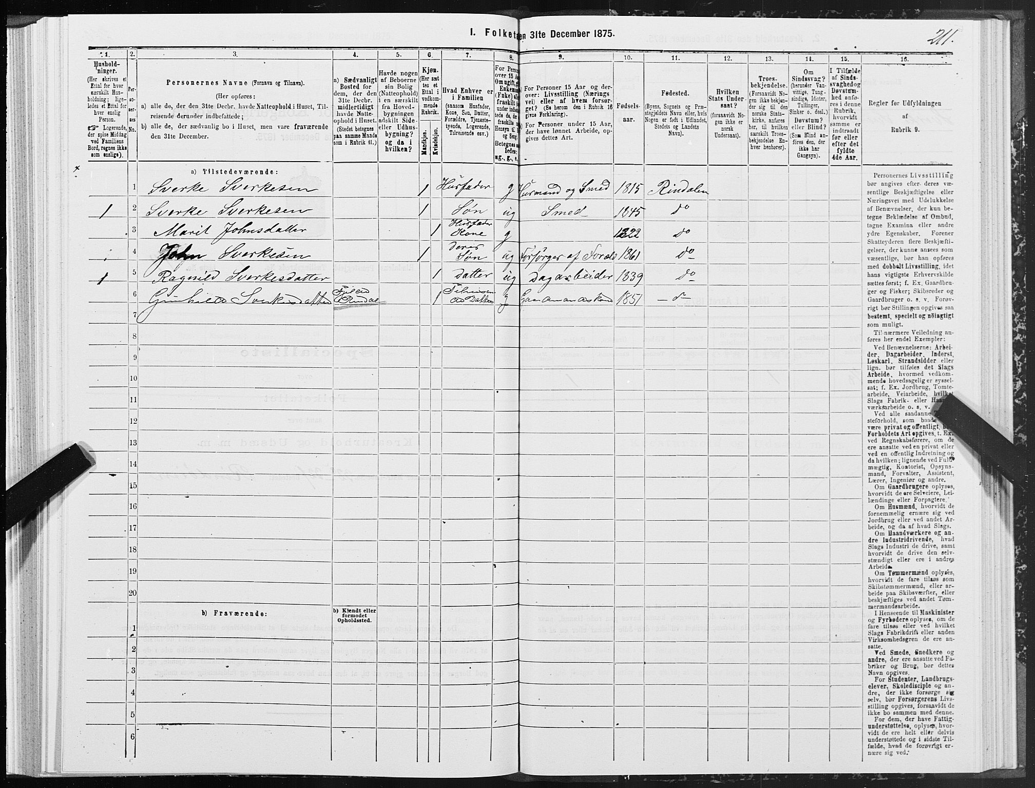 SAT, Folketelling 1875 for 1567P Rindal prestegjeld, 1875, s. 1211