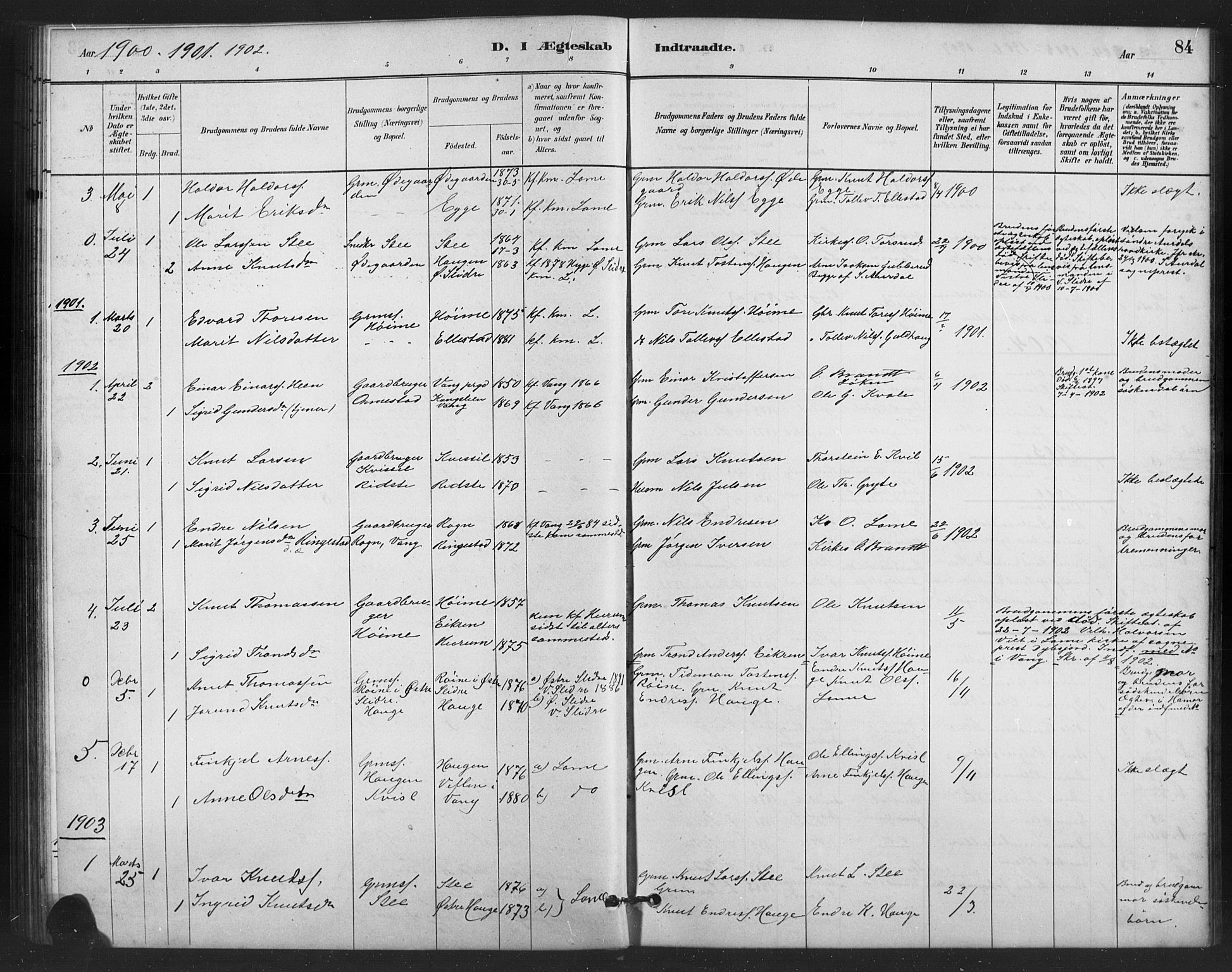 Vestre Slidre prestekontor, AV/SAH-PREST-136/H/Ha/Hab/L0006: Klokkerbok nr. 6, 1881-1915, s. 84