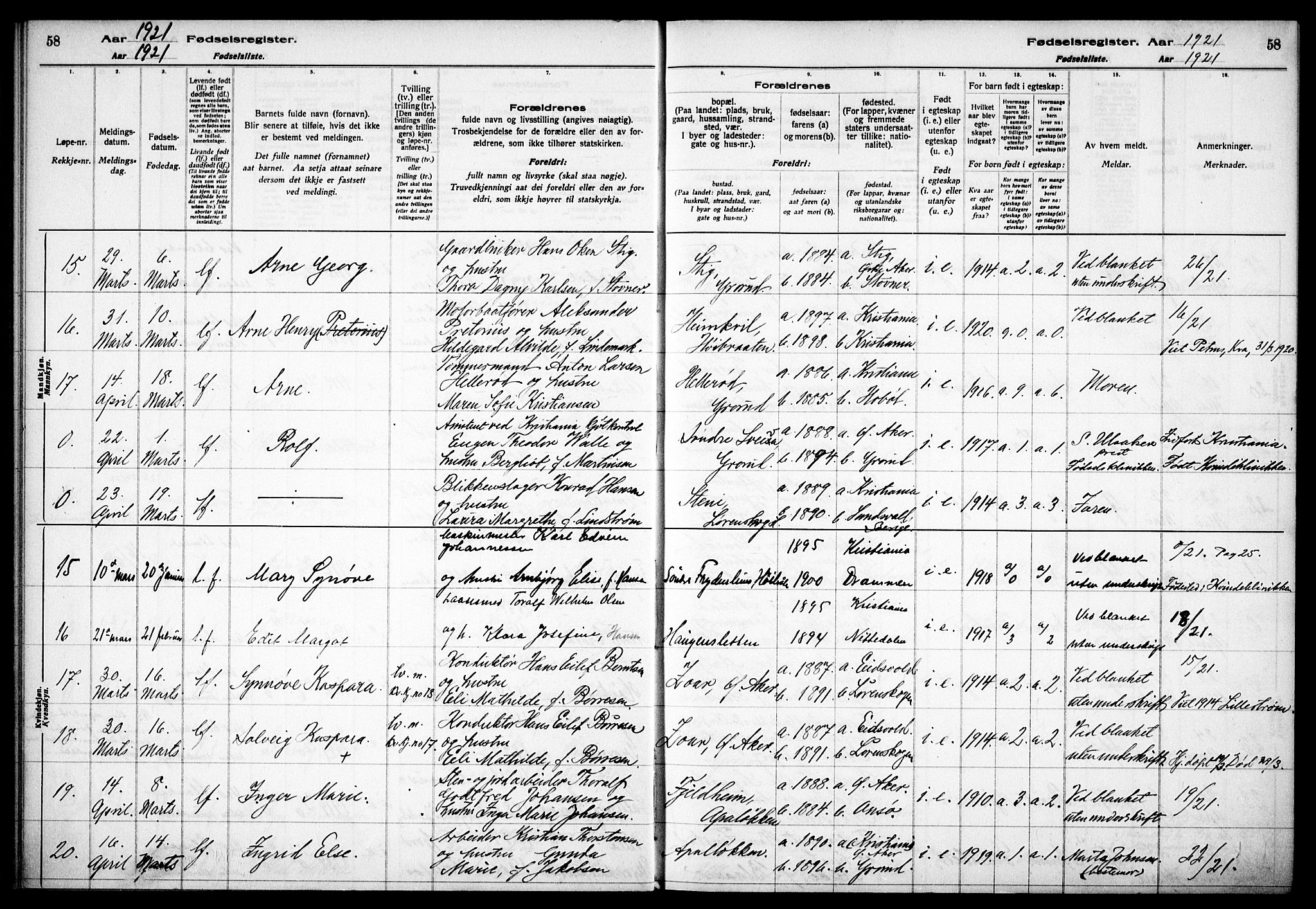 Østre Aker prestekontor Kirkebøker, AV/SAO-A-10840/J/Jb/L0001: Fødselsregister nr. II 1, 1916-1932, s. 58