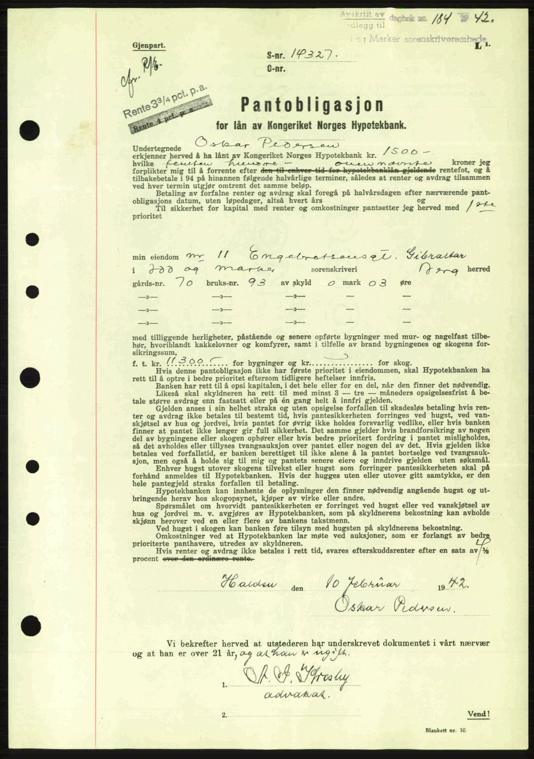 Idd og Marker sorenskriveri, AV/SAO-A-10283/G/Gb/Gbc/L0002: Pantebok nr. B4-9a, 1939-1945, Dagboknr: 184/1942