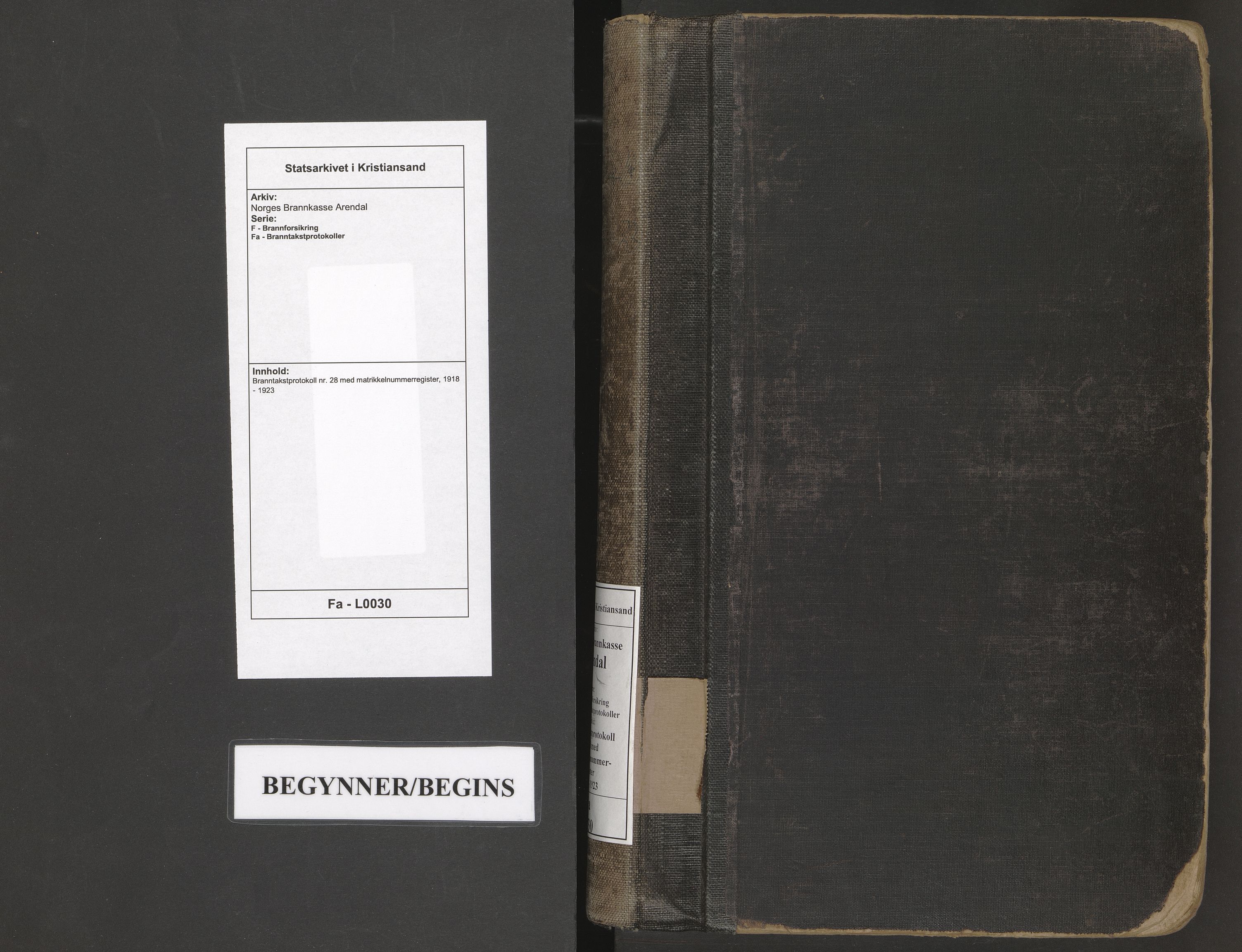 Norges Brannkasse Arendal, SAK/2241-0002/F/Fa/L0030: Branntakstprotokoll nr. 28 med matrikkelnummerregister, 1918-1923