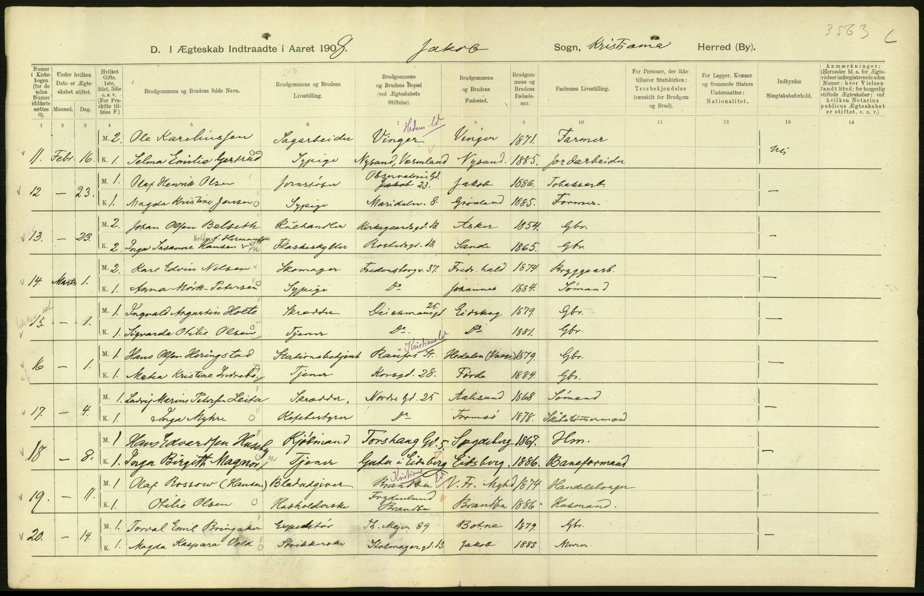 Statistisk sentralbyrå, Sosiodemografiske emner, Befolkning, AV/RA-S-2228/D/Df/Dfa/Dfaf/L0007: Kristiania: Gifte, 1908, s. 570