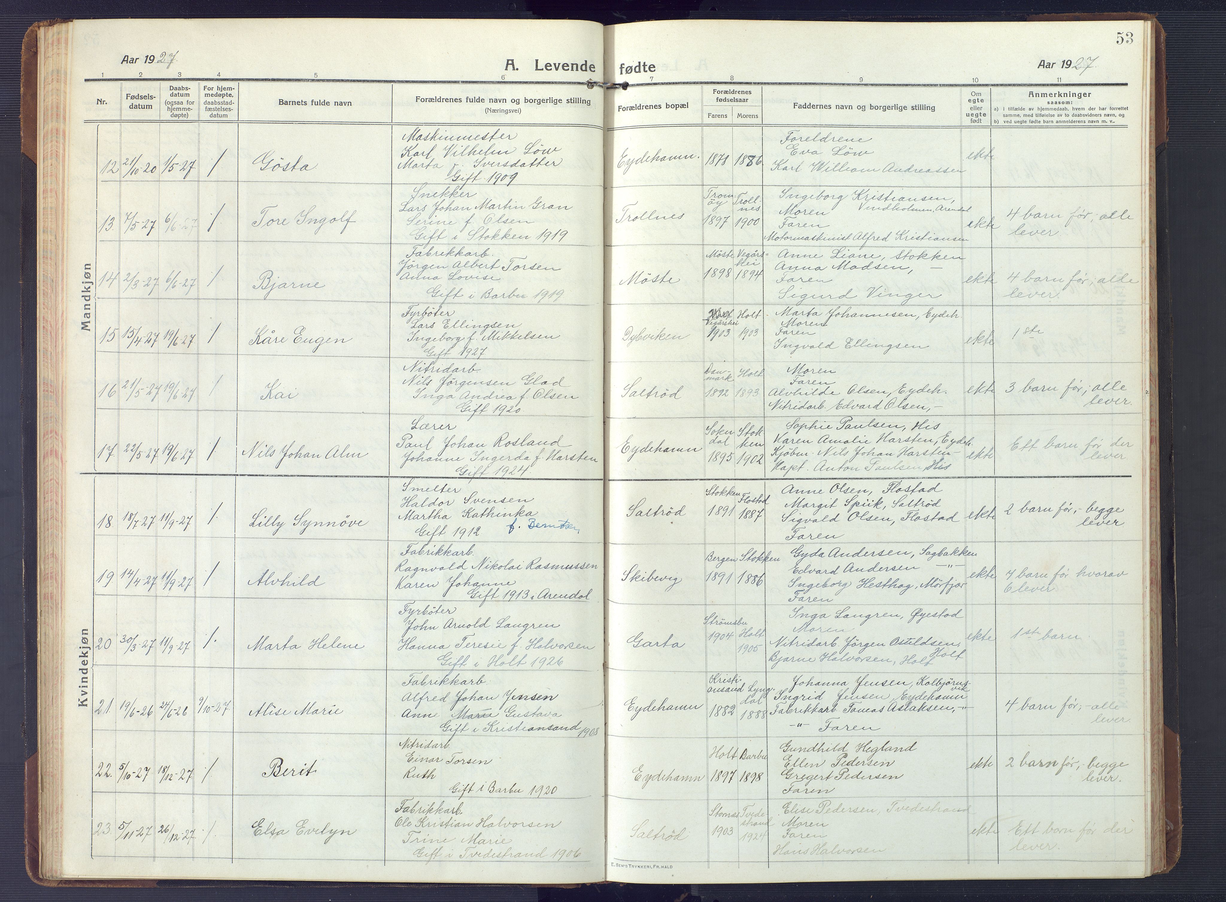 Austre Moland sokneprestkontor, SAK/1111-0001/F/Fb/Fbb/L0004: Klokkerbok nr. B 4, 1914-1929, s. 53